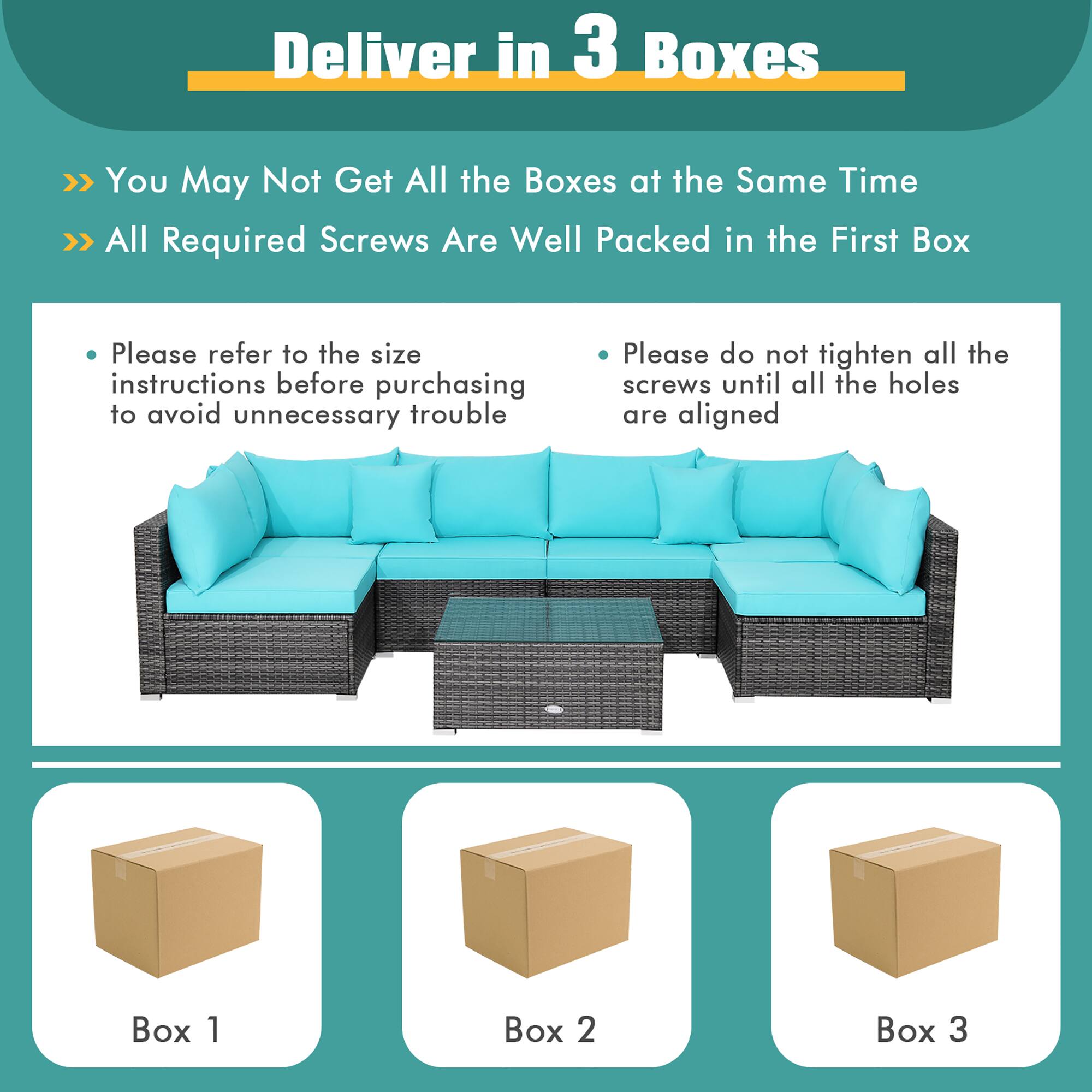 Deliver in 3 Boxes: You may not get all the boxes at the same time. All required screws are well packed in the first box. Please refer to the size instructions before purchasing to avoid unnecessary trouble. Please do not tighten all the screws until all the holes are aligned. Box 1, Box 2, Box 3.