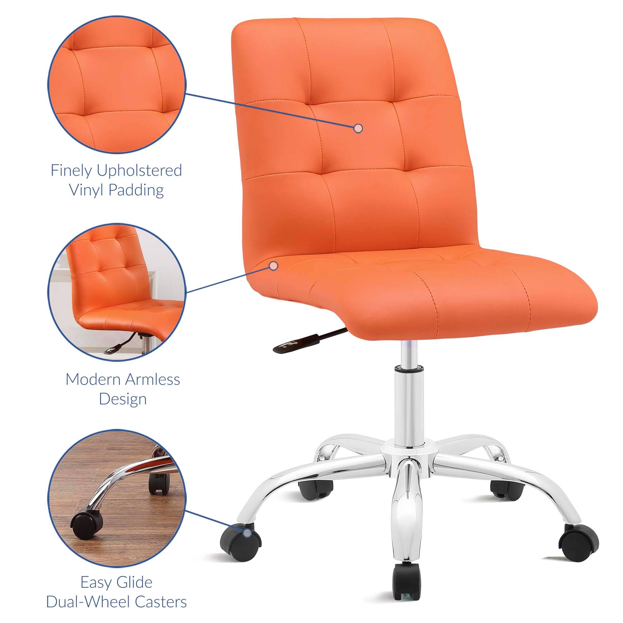 - Finely Upholstered Vinyl Padding
- Modern Armless Design
- Easy Glide Dual-Wheel Casters