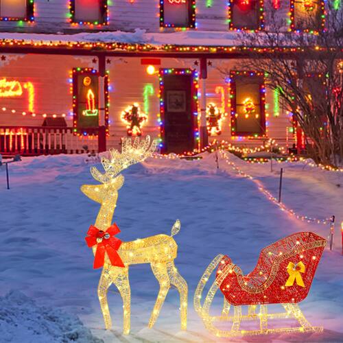 Alt View 4. Winado - Christmas 4FT Reindeer & Sleigh Set with LED Lights for Christmas Indoor Outdoor Garden Holiday Party Decorations - Golden.