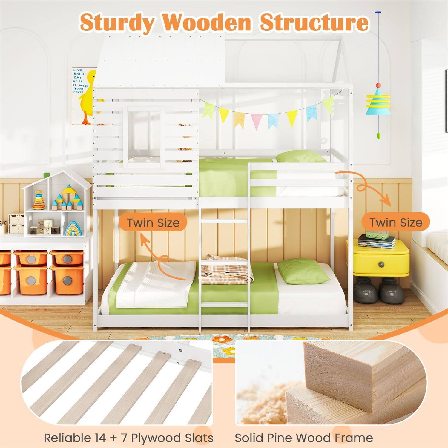 Sturdy Wooden Structure  
Twin Size  
Reliable 14 + 7 Plywood Slats  
Solid Pine Wood Frame