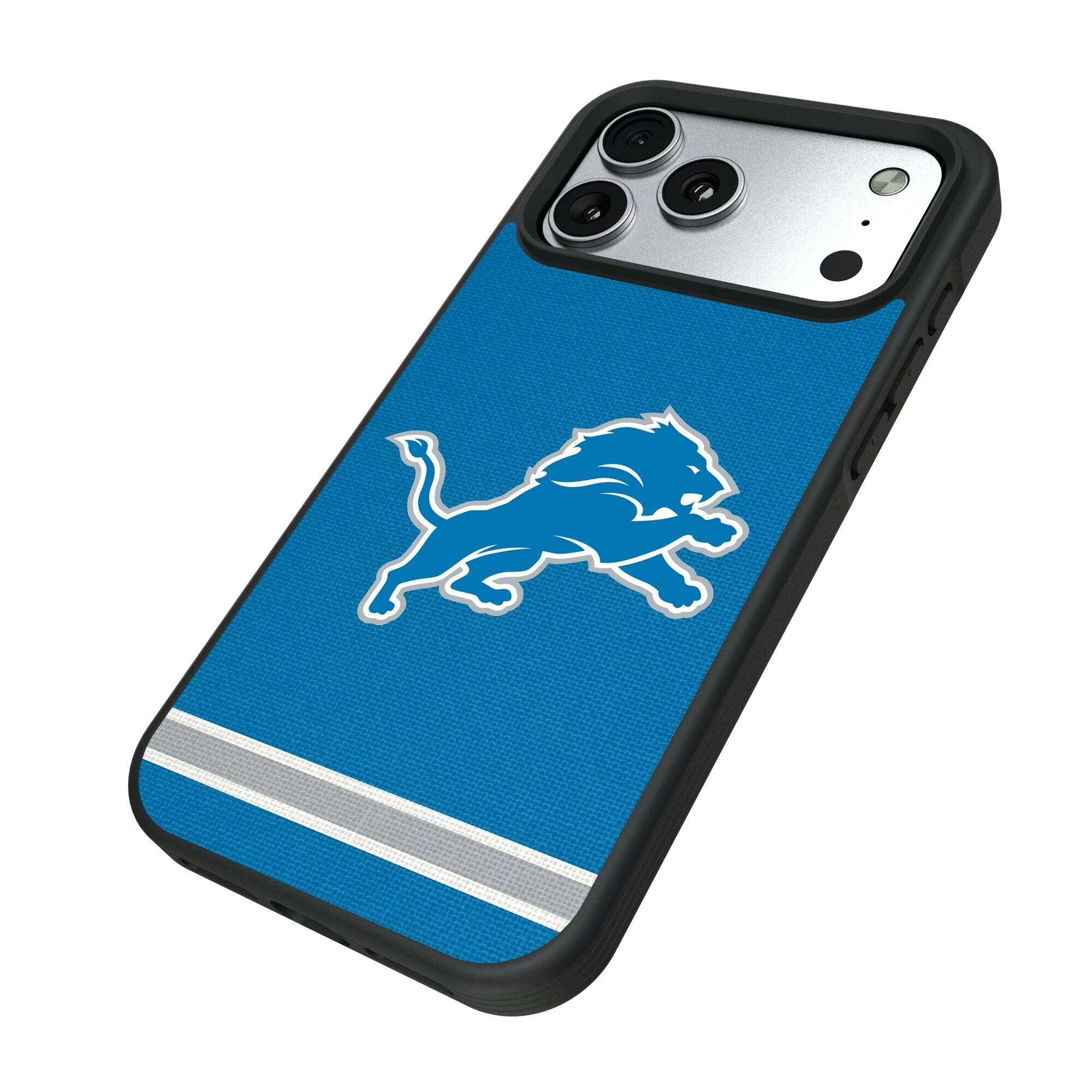 Alt View 1. Keyscaper - Detroit Lions iPhone Stripe Design Bump Case - 15 Pro - Multicolor.