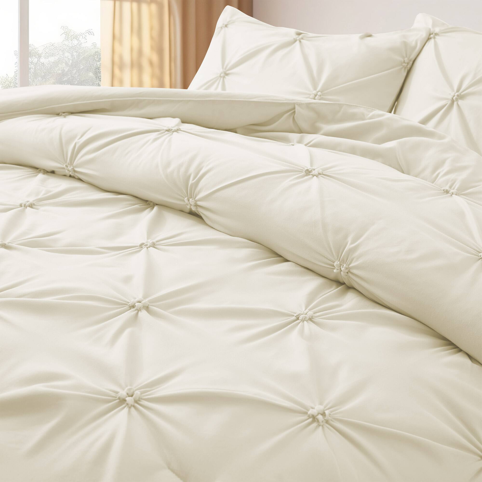 Back. Nest - Peace Nest 3 Pieces Pinch Pintuck Comforter Set Bedding Set for All Season - Cream.