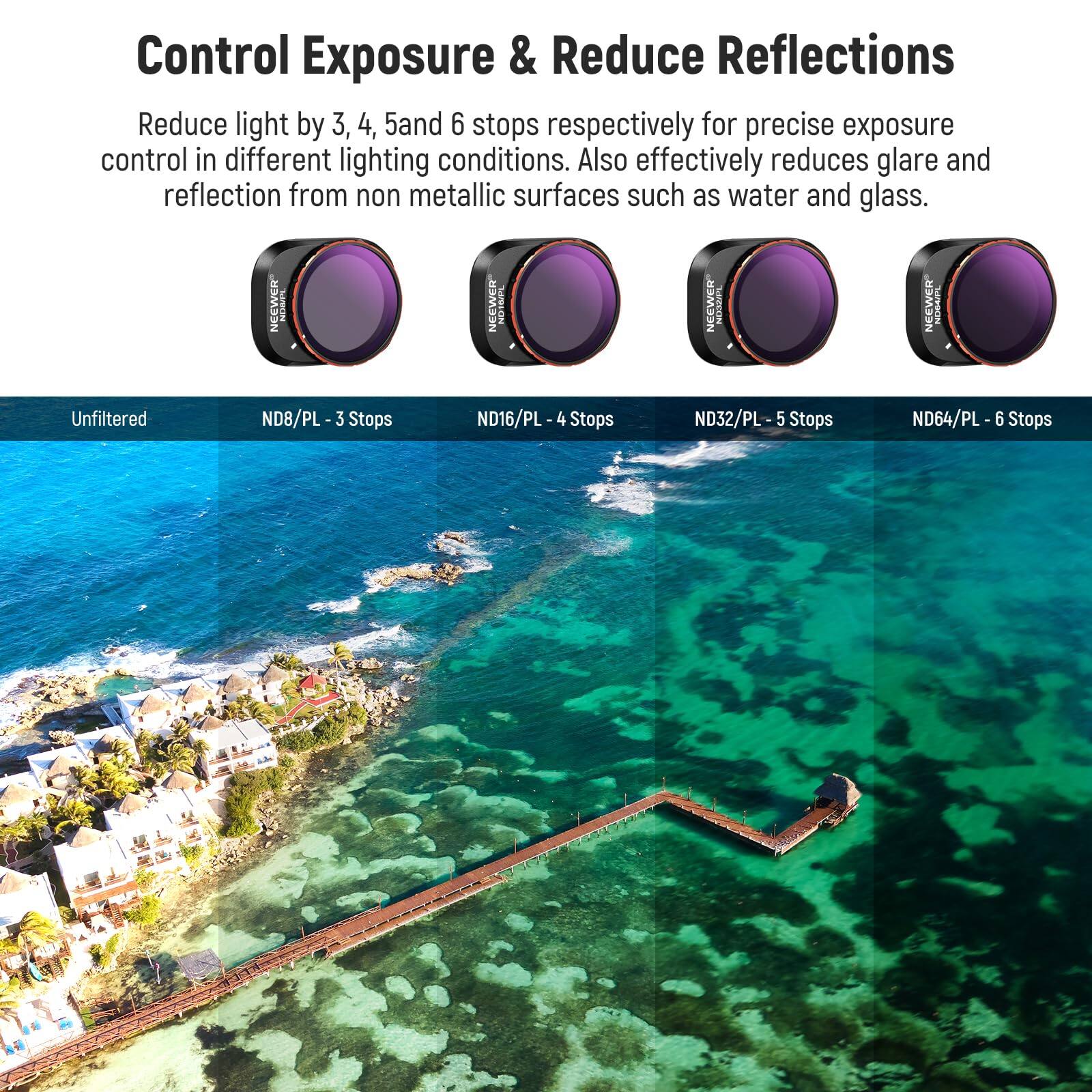 Control Exposure & Reduce Reflections

Reduce light by 3, 4, 5, and 6 stops respectively for precise exposure control in different lighting conditions. Also effectively reduces glare and reflection from non metallic surfaces such as water and glass.

- Unfiltered
- ND8/PL - 3 Stops
- ND16/PL - 4 Stops
- ND32/PL - 5 Stops
- ND64/PL - 6 Stops