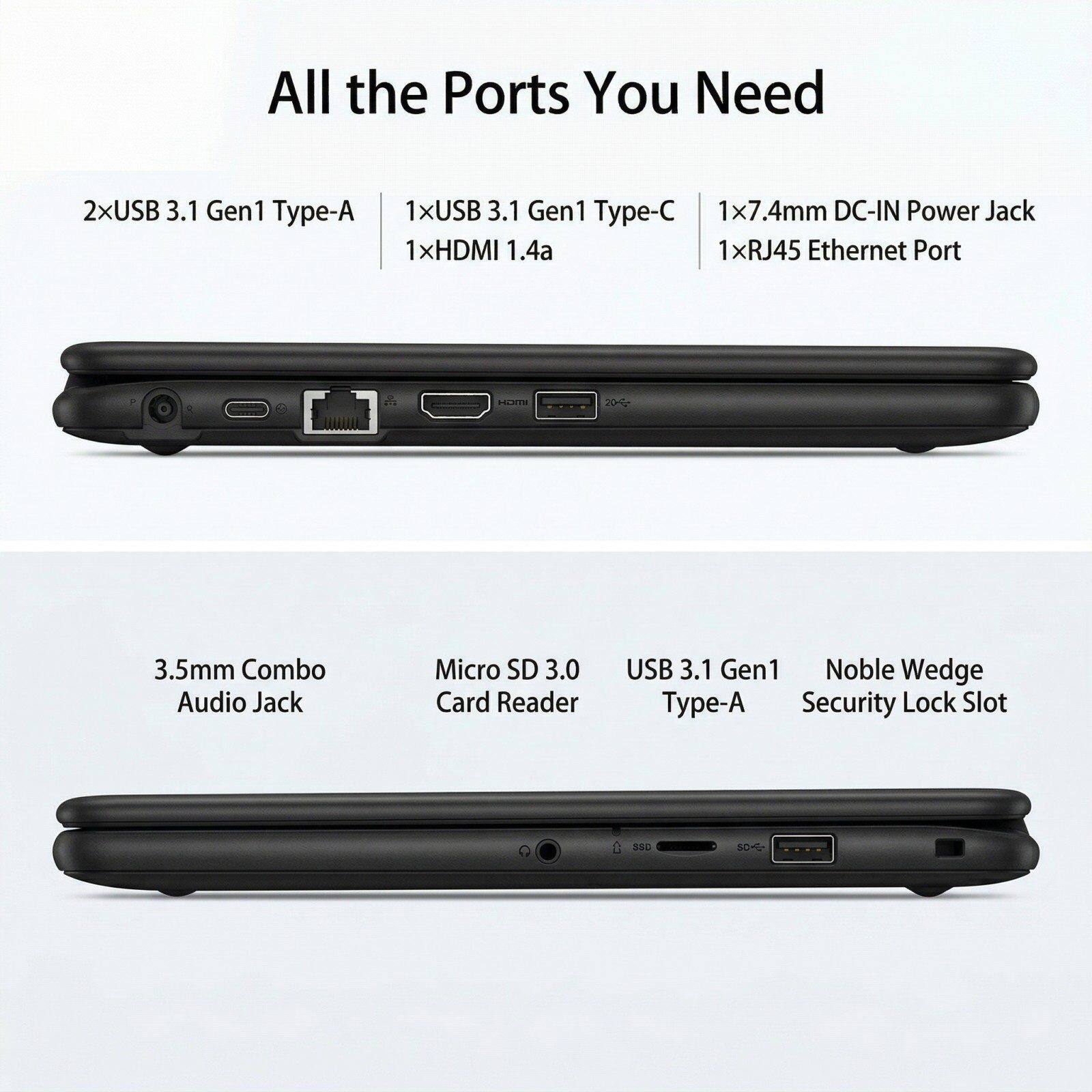 All the Ports You Need

- 2x USB 3.1 Gen1 Type-A
- 1x USB 3.1 Gen1 Type-C
- 1x HDMI 1.4a
- 1x 7.4mm DC-IN Power Jack
- 1x RJ45 Ethernet Port
- 3.5mm Combo Audio Jack
- Micro SD 3.0 Card Reader
- USB 3.1 Gen1 Type-A
- Noble Wedge Security Lock Slot