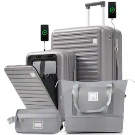 Ecooso - 4-Piece Luggage Set with USB Ports, 20in Front-Open Carry-On, 28in Checked Suitcase, Duffel & Wet-Dry Toiletry Bags - Gray