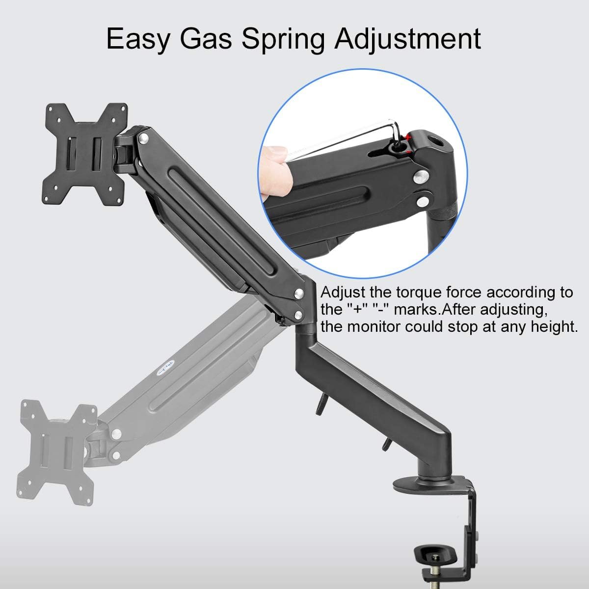 Easy Gas Spring Adjustment

Adjust the torque force according to the "+" "-" marks. After adjusting, the monitor could stop at any height.