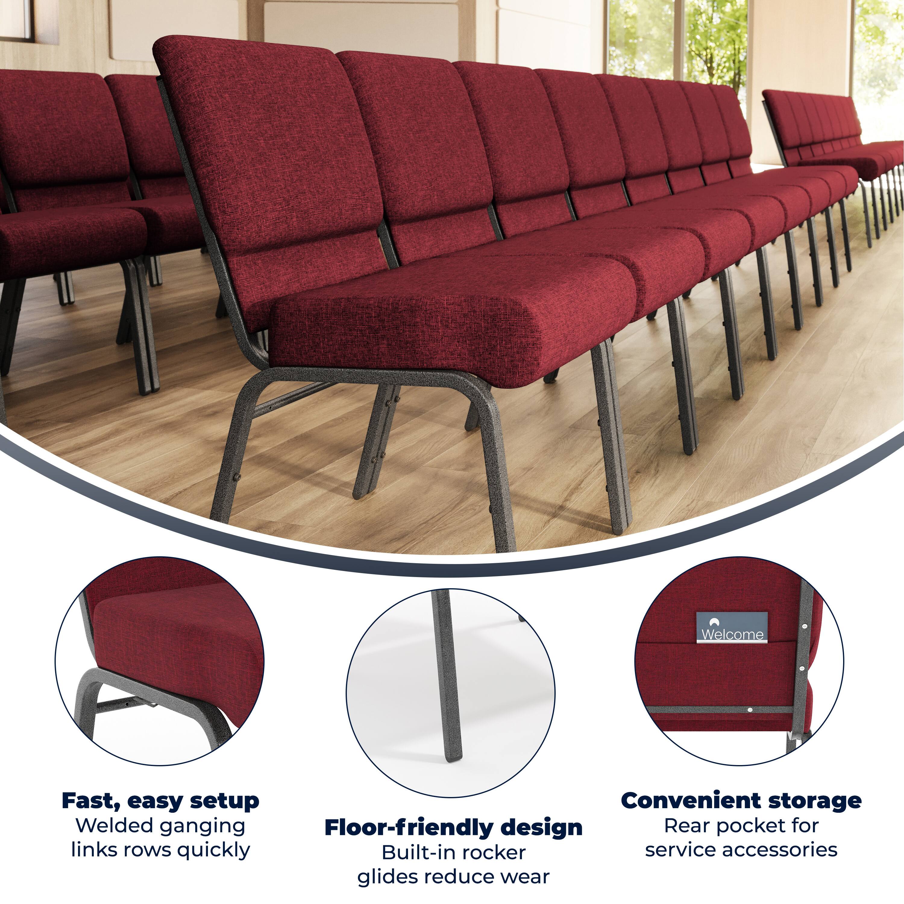 Welcome  
Fast, easy setup  
Convenient storage  
Welded ganging links rows quickly  
Floor-friendly design  
Built-in rocker glides reduce wear  
Rear pocket for service accessories