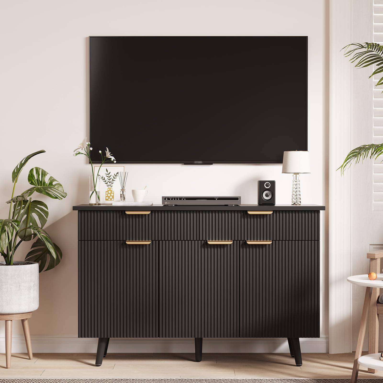 Alt View 3. Qeetex - 47" Fluted Buffet Cabinet with 3 Doors, 2 Drawers & Adjustable Shelves - Black.