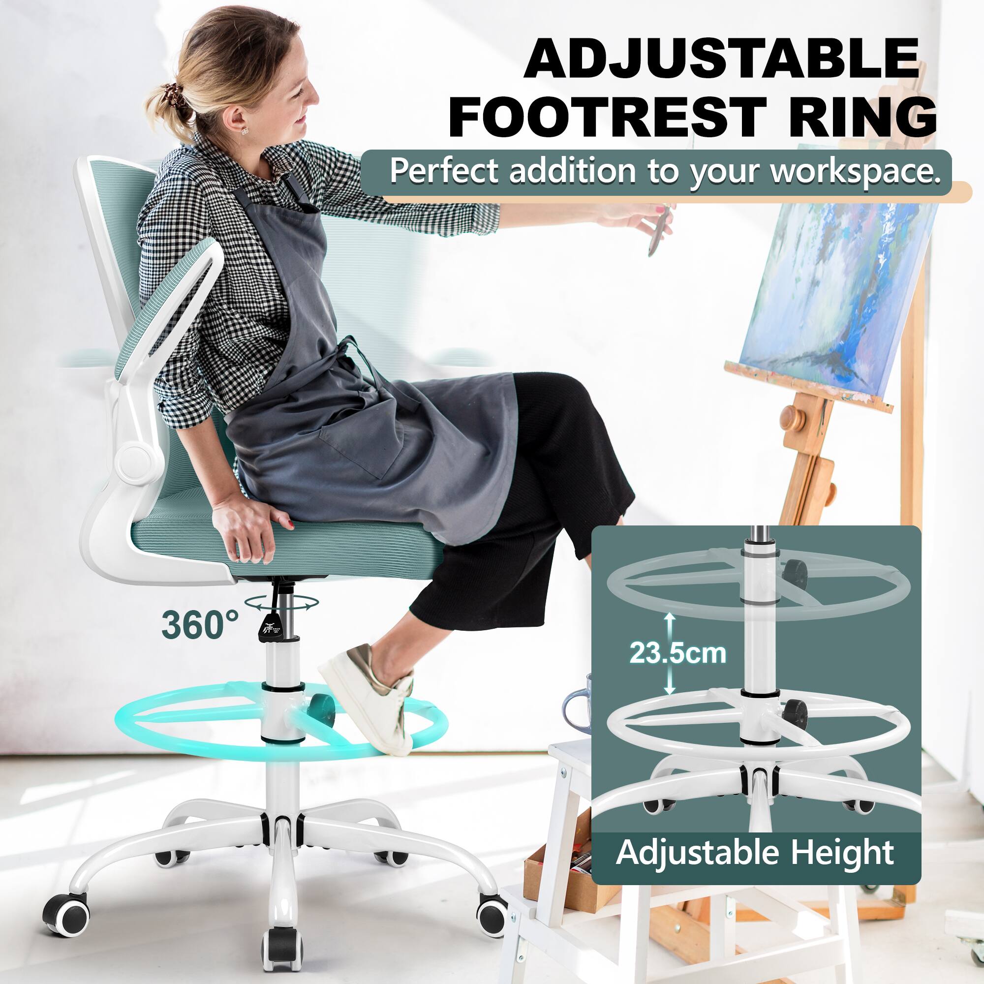 ADJUSTABLE FOOTREST RING  
Perfect addition to your workspace.  

360°  

23.5cm  

Adjustable Height