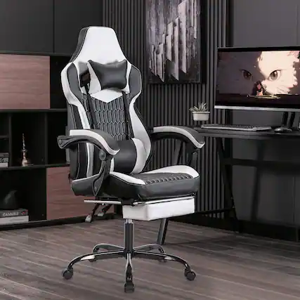 Front. Siljoy - Black White Gaming Chair with Footrest, High Back PVC Leather Ergonomic Office Gamer Chair, Lumbar Support & Headrest - Black,White.