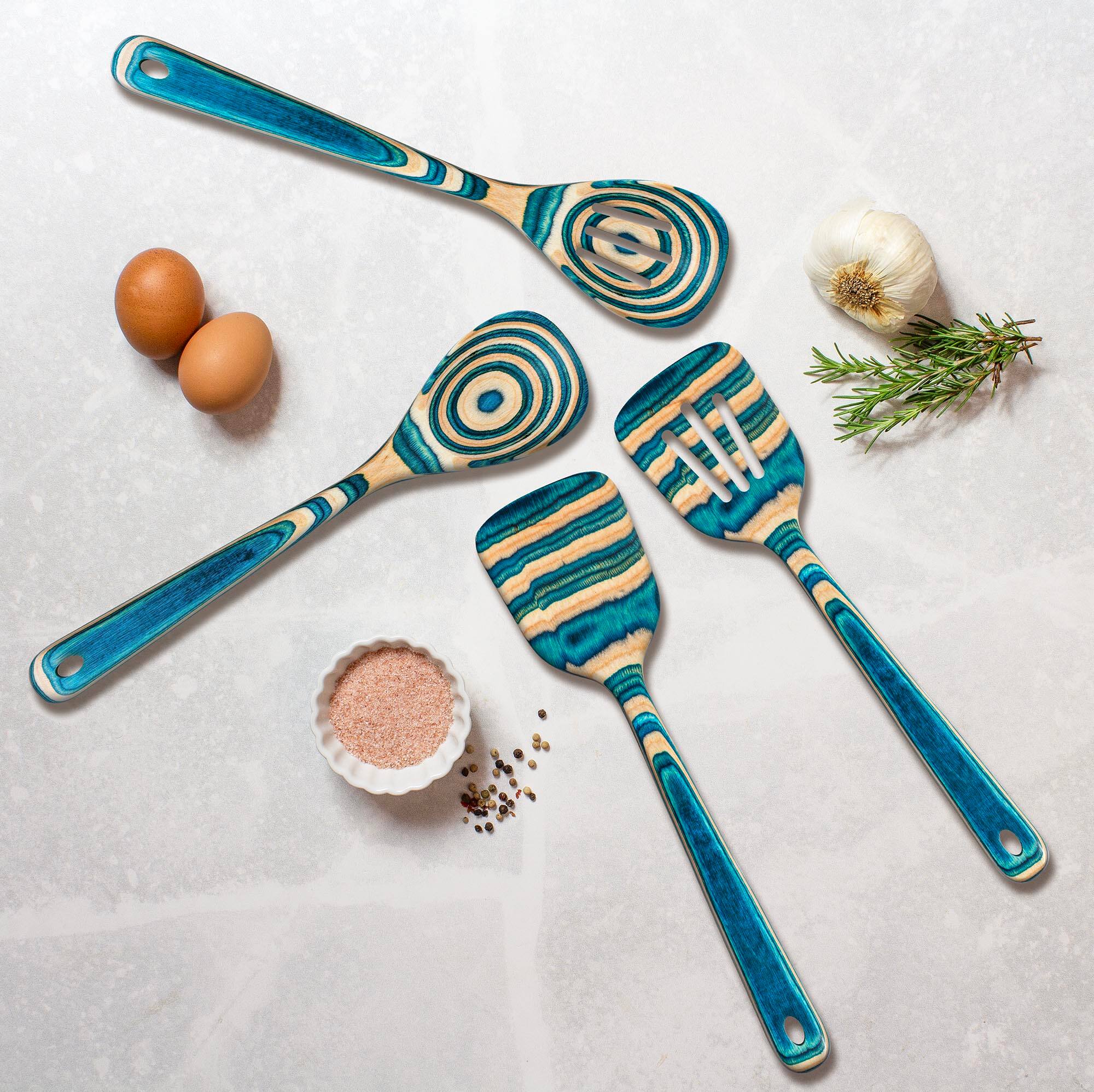 Angle. Baltique - Mykonos Collection 4 Piece Cooking Utensil Set, Safe for Nonstick - Blue, Light Wood.