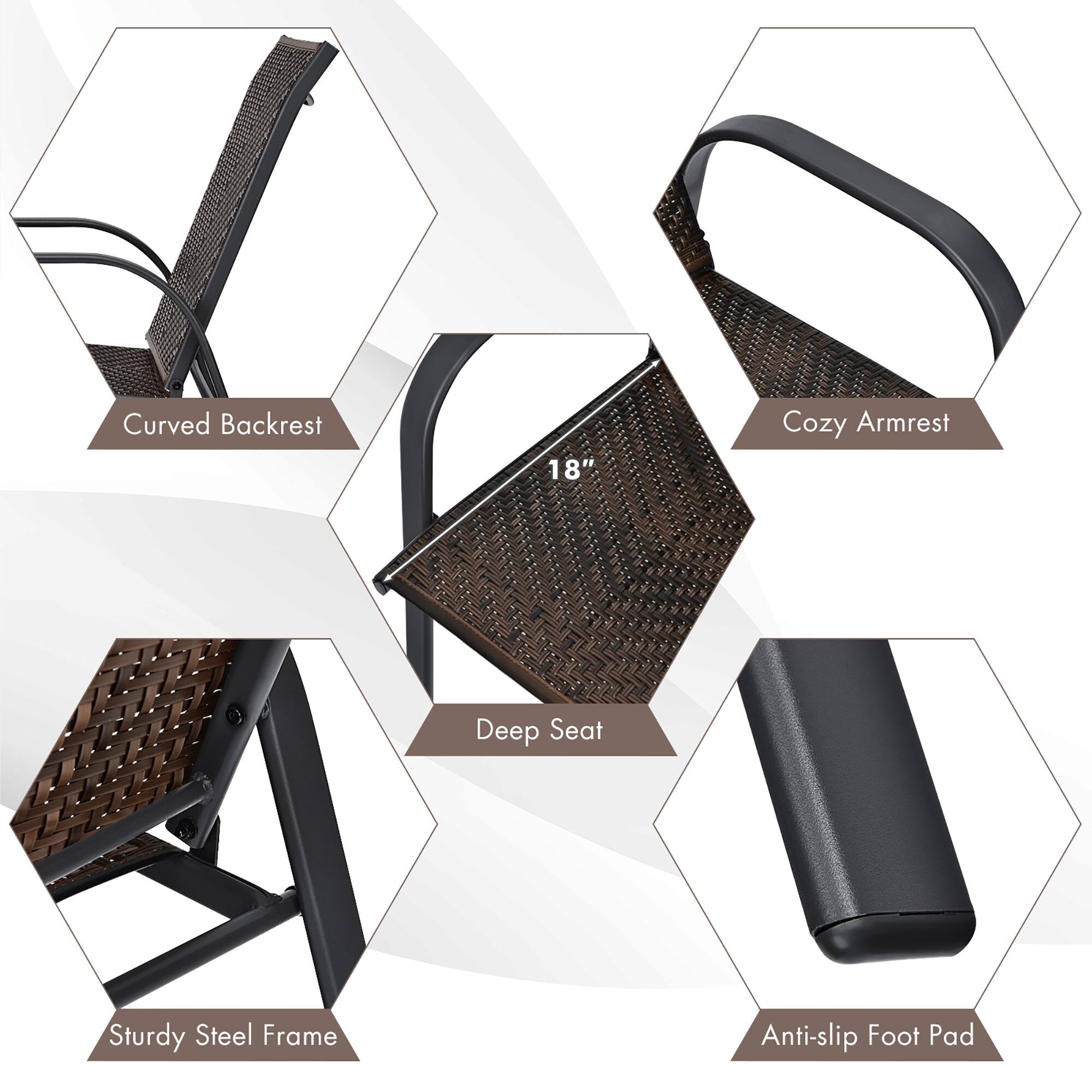 - Curved Backrest
- Cozy Armrest
- Deep Seat (18")
- Sturdy Steel Frame
- Anti-slip Foot Pad