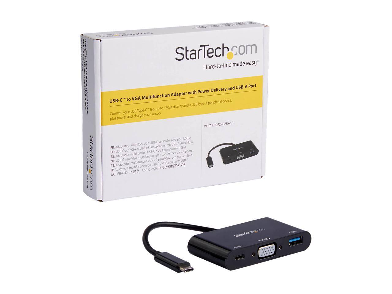 StarTech.com  
Hard-to-find made easy  

USB-C™ to VGA Multifunction Adapter with Power Delivery and USB-A Port  

Connect your laptop to a VGA display and a USB Type-A peripheral device, plus power and charge your laptop  

PART # CDP2VGAUACP  

FR: Adaptateur USB-C-auf-VGA-Multifunktionsadapter avec port USB-A  
DE: USB-C auf VGA Multifunktionsadapter mit USB A-Anschluss  
ES: Adaptador USB-C a VGA con puerto USB-A  
NL: USB-C naar VGA multifunctionele adapter met USB A-poort  
PT: Adaptador USB-C a VGA com porta USB-A  
IT: Adattatore USB-C a VGA con porta USB-A  
JA: USB-CからVGAマルチ機能アダプタ  

USB-C™ to VGA Multifunction Adapter with Power Delivery and USB-A Port