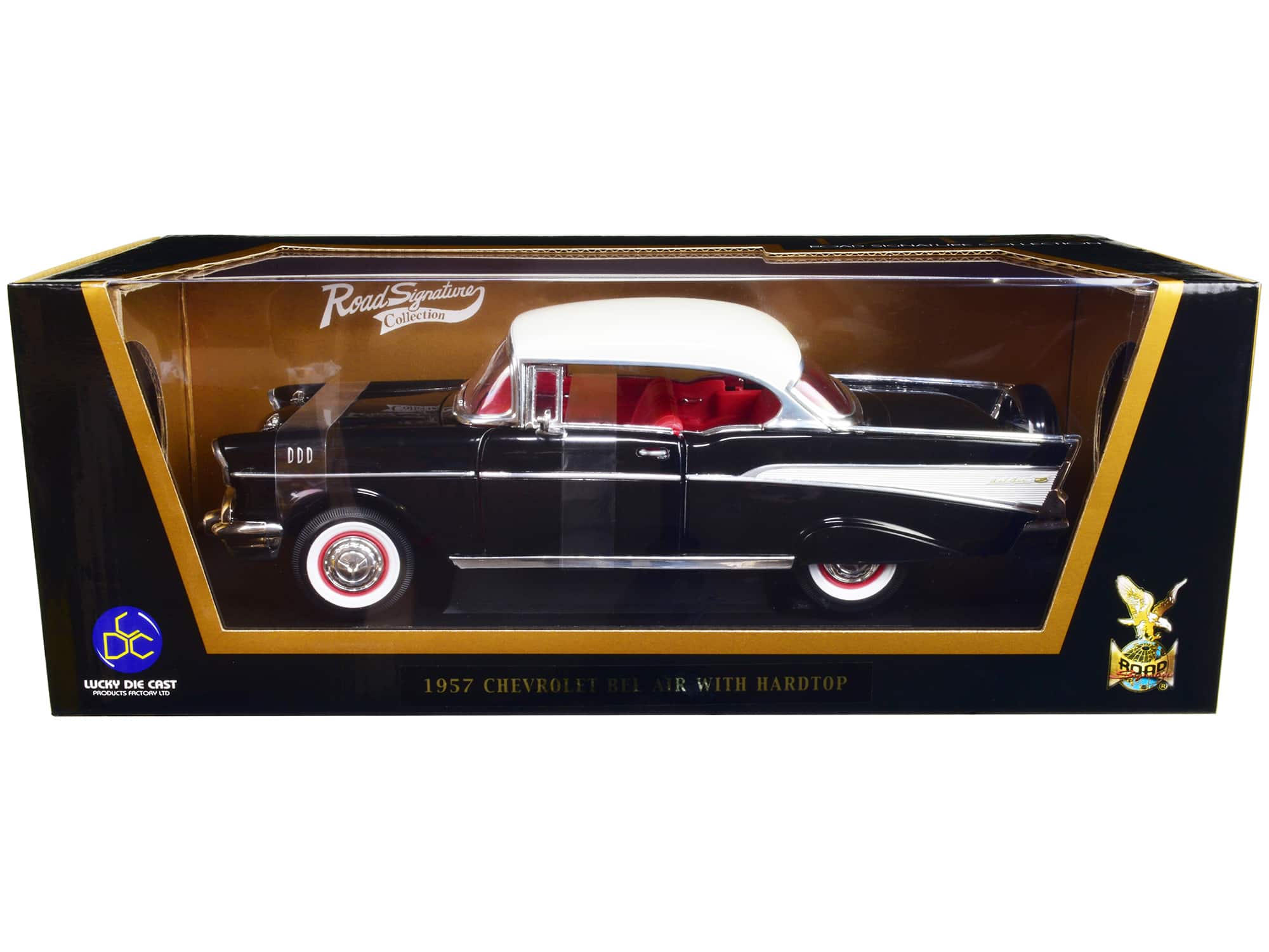 1957 Chevrolet Bel Air Hardtop Black with White Top and Red Interior 1/18 Diecast Model Car by Road Signature price history on PriceWatchPro