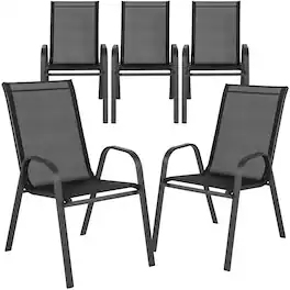 Emma + Oliver - 5 Pack. Outdoor Stack Chair with Flex Comfort Material and Metal Frame - Black