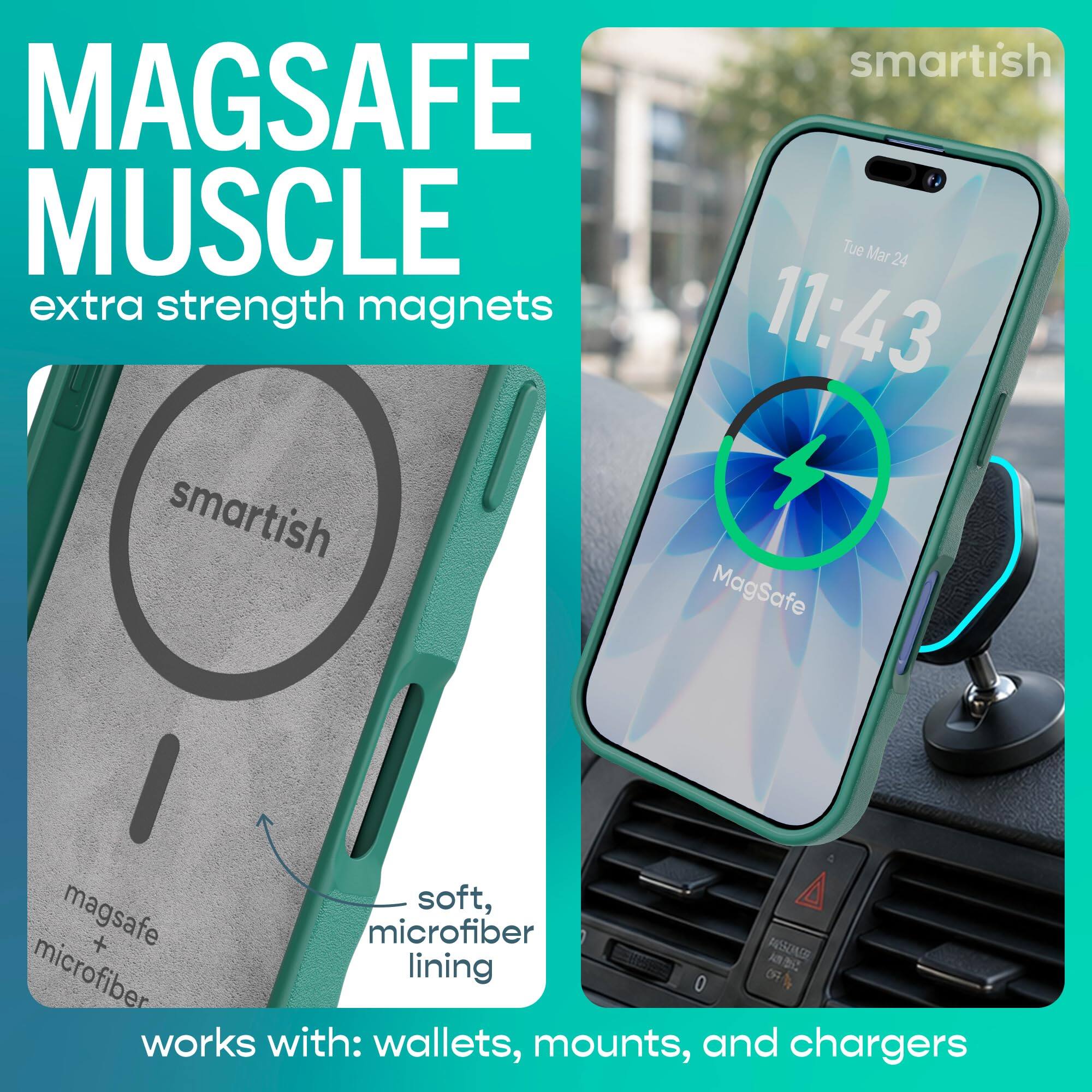 MAGSAFE MUSCLE  
extra strength magnets  

smartish MAGSAFE  

soft, magsafe + microfiber lining  
works with: wallets, mounts, and chargers