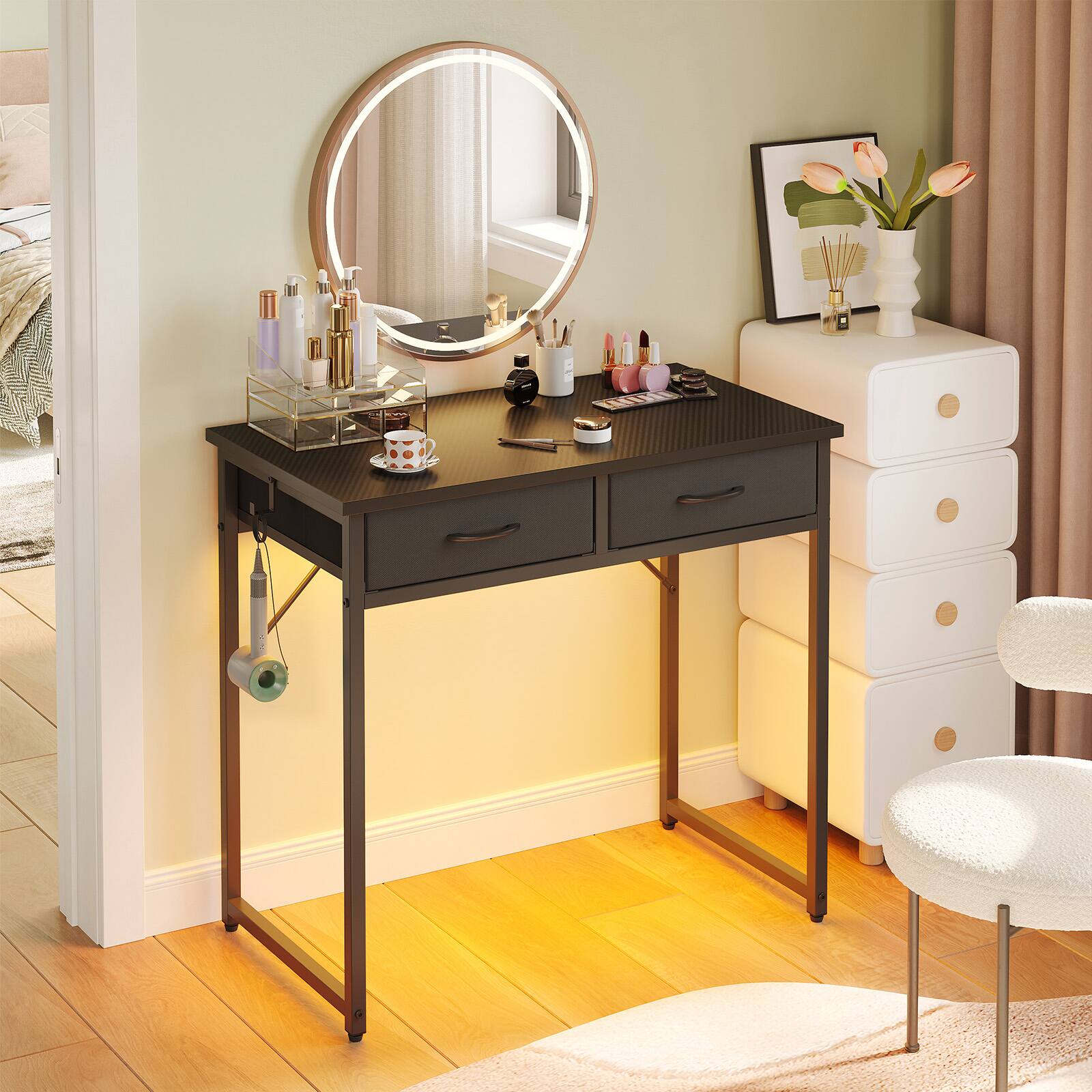 Angle. Pinmoco - Pinmoco - 32 Inch LED Writing Desk Office Desk Computer Desk Kids Study Desk Vanity Desk with RGB Lights & Smart Storage - Carbon Fiber Black.