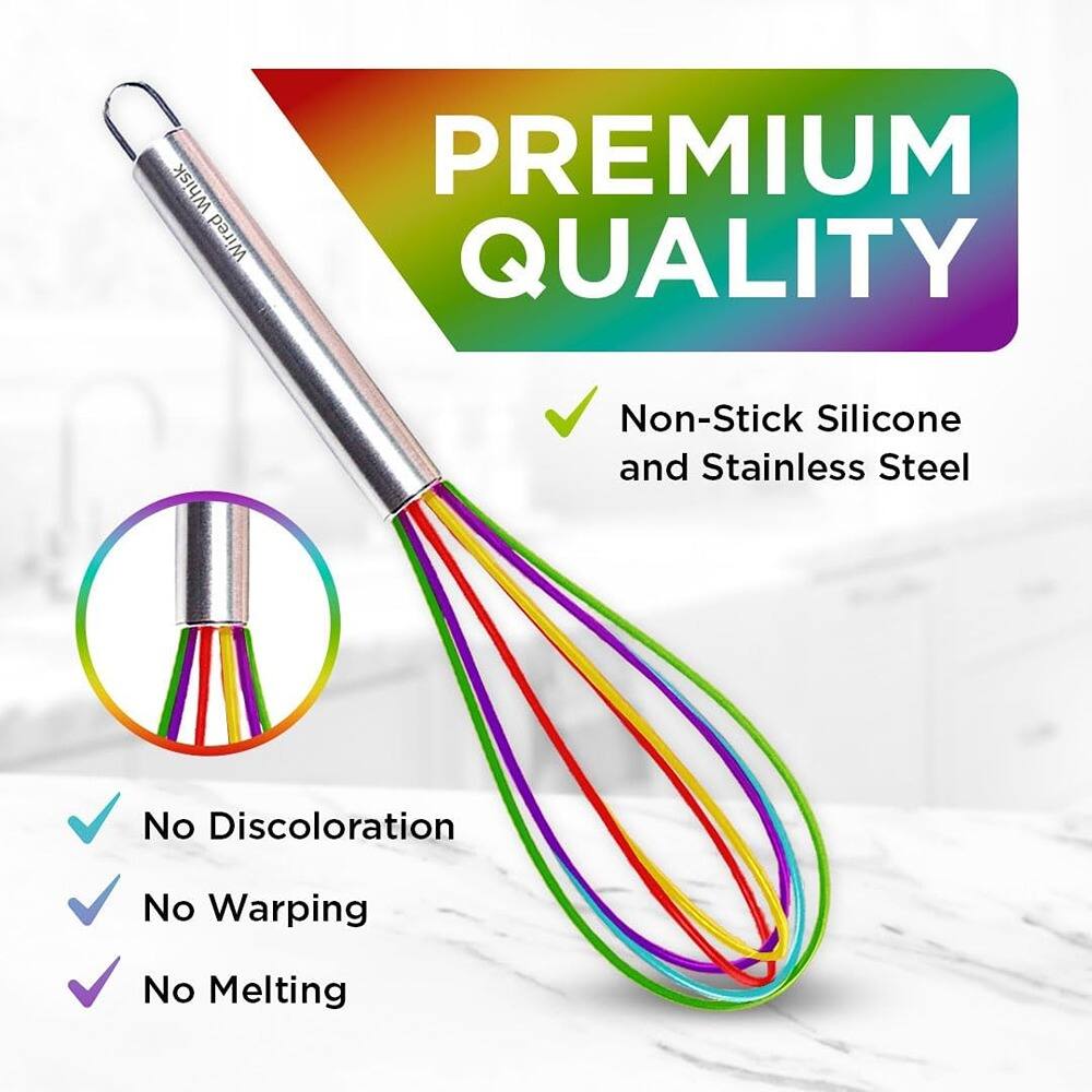 Whisk Wired PREMIUM QUALITY  
Non-Stick Silicone and Stainless Steel  
No Discoloration  
No Warping  
No Melting