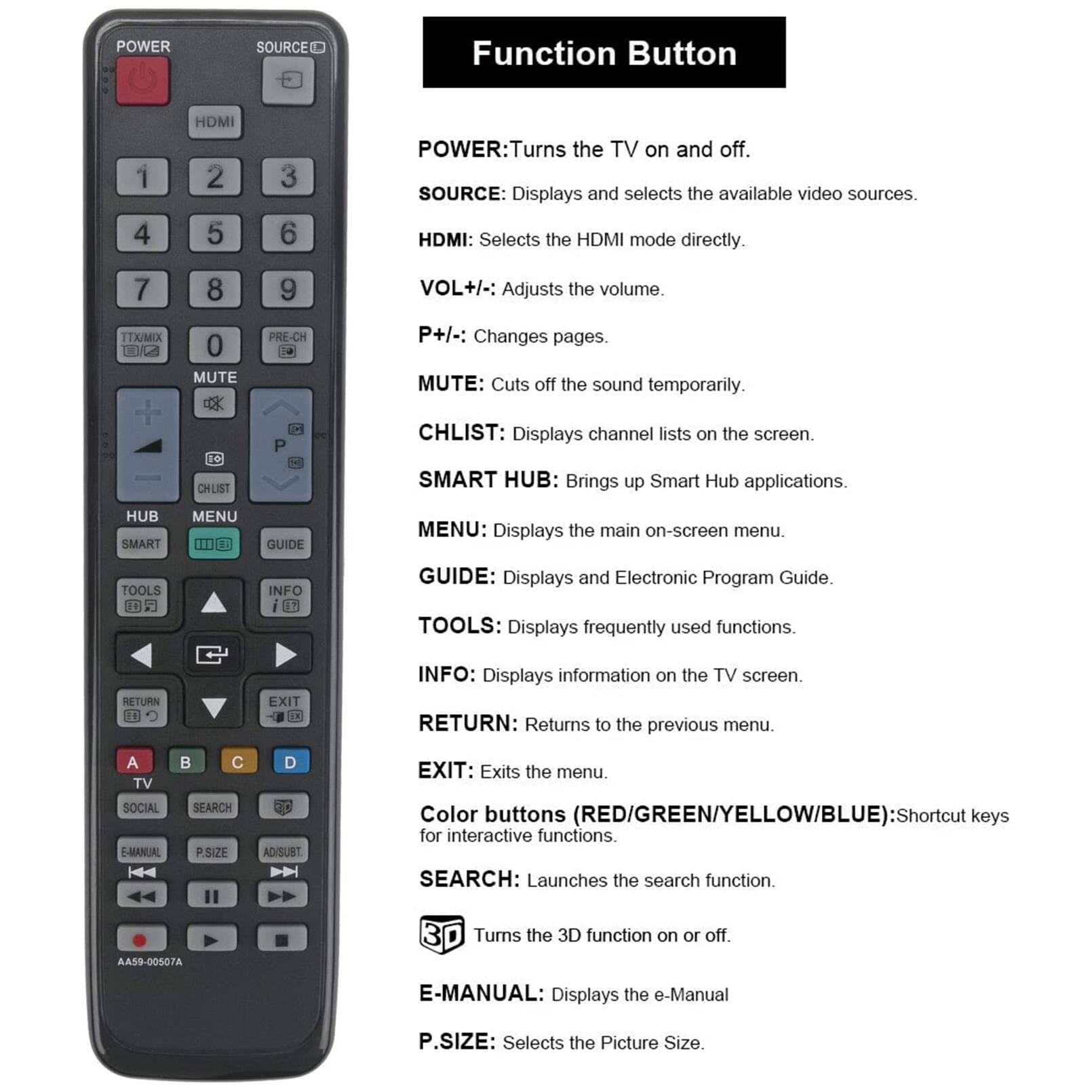 **Function Button**

- **POWER:** Turns the TV on and off.
- **SOURCE:** Displays and selects the available video sources.
- **HDMI:** Selects the HDMI mode directly.
- **VOL+/-:** Adjusts the volume.
- **P+/-:** Changes pages.
- **MUTE:** Cuts off the sound temporarily.
- **CHLIST:** Displays channel lists on the screen.
- **SMART HUB:** Brings up Smart Hub applications.
- **MENU:** Displays the main on-screen menu.
- **GUIDE:** Displays and Electronic Program Guide.
- **TOOLS:** Displays frequently used functions.
- **INFO:** Displays information on the TV screen.
- **RETURN:** Returns to the previous menu.
- **EXIT:** Exits the menu.
- **Color buttons (RED/GREEN/YELLOW/BLUE):** Shortcut keys for interactive functions.
- **SEARCH:** Launches the search function.
- **3D:** Turns the 3D function on or off.
- **E-MANUAL:** Displays the e-Manual.
- **P.SIZE:** Selects the Picture Size.