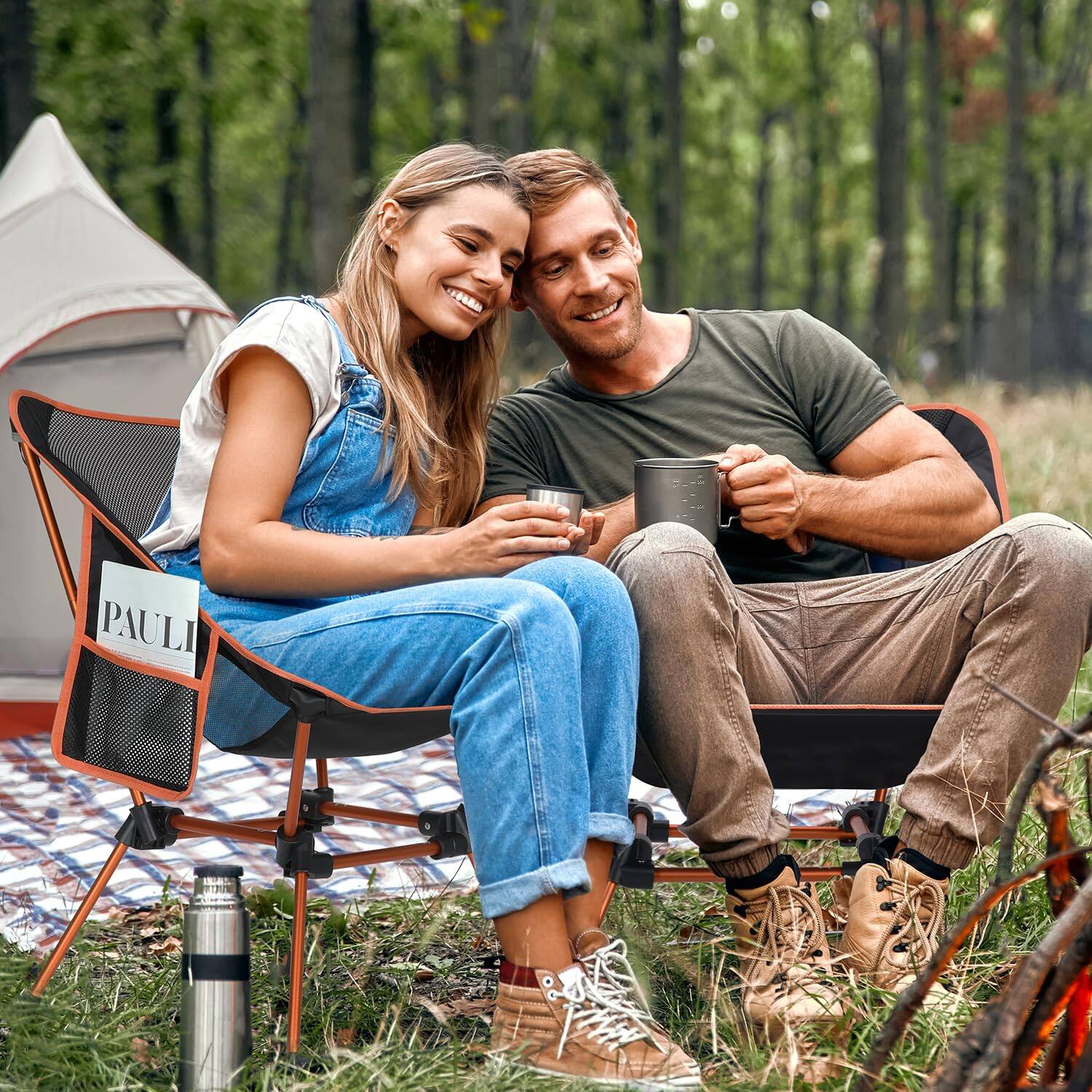 Angle. JETRANSPORT - Camping Chairs Lightweight Outdoor With 2 Side Pockets & Storage Bag Foldable Portable Lawn For Hiking - Orange 1.