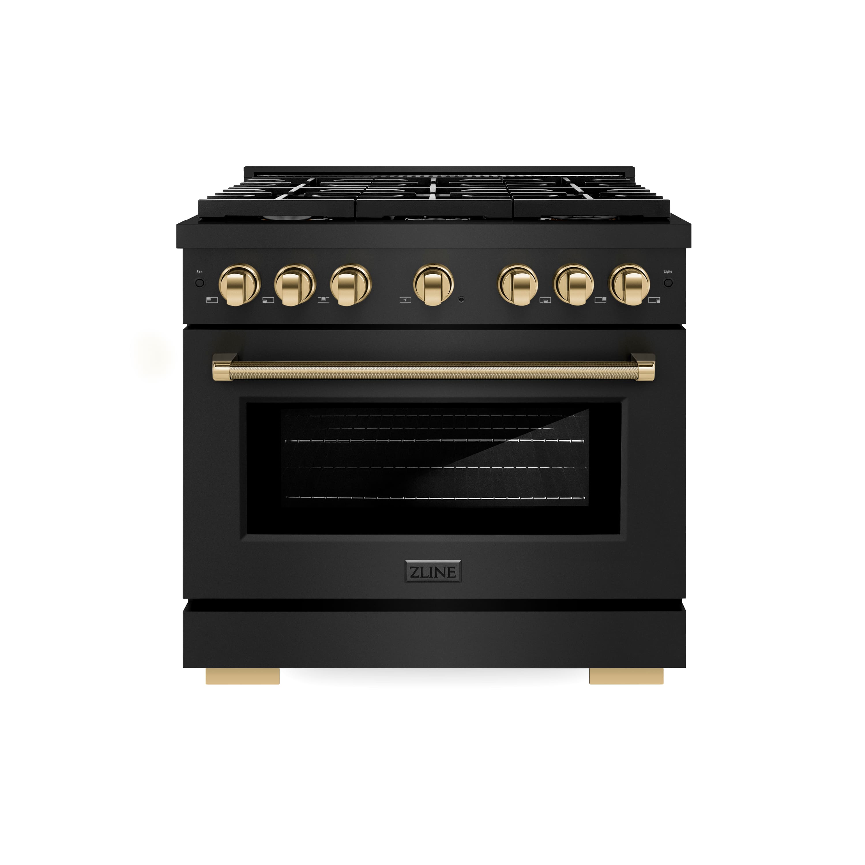 Front. ZLINE - Autograph 36 in. 5.2 cu. ft. Freestanding Paramount Dual Fuel Range in Black Stainless Steel and Gold Helix Handle - Black Stainless Steel.