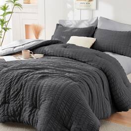 Dazzed Corner - Seersucker 5/7 Pieces Bed in a Bag Comforter Set with Sheets, Pillowcases & Shams - Dark Gray