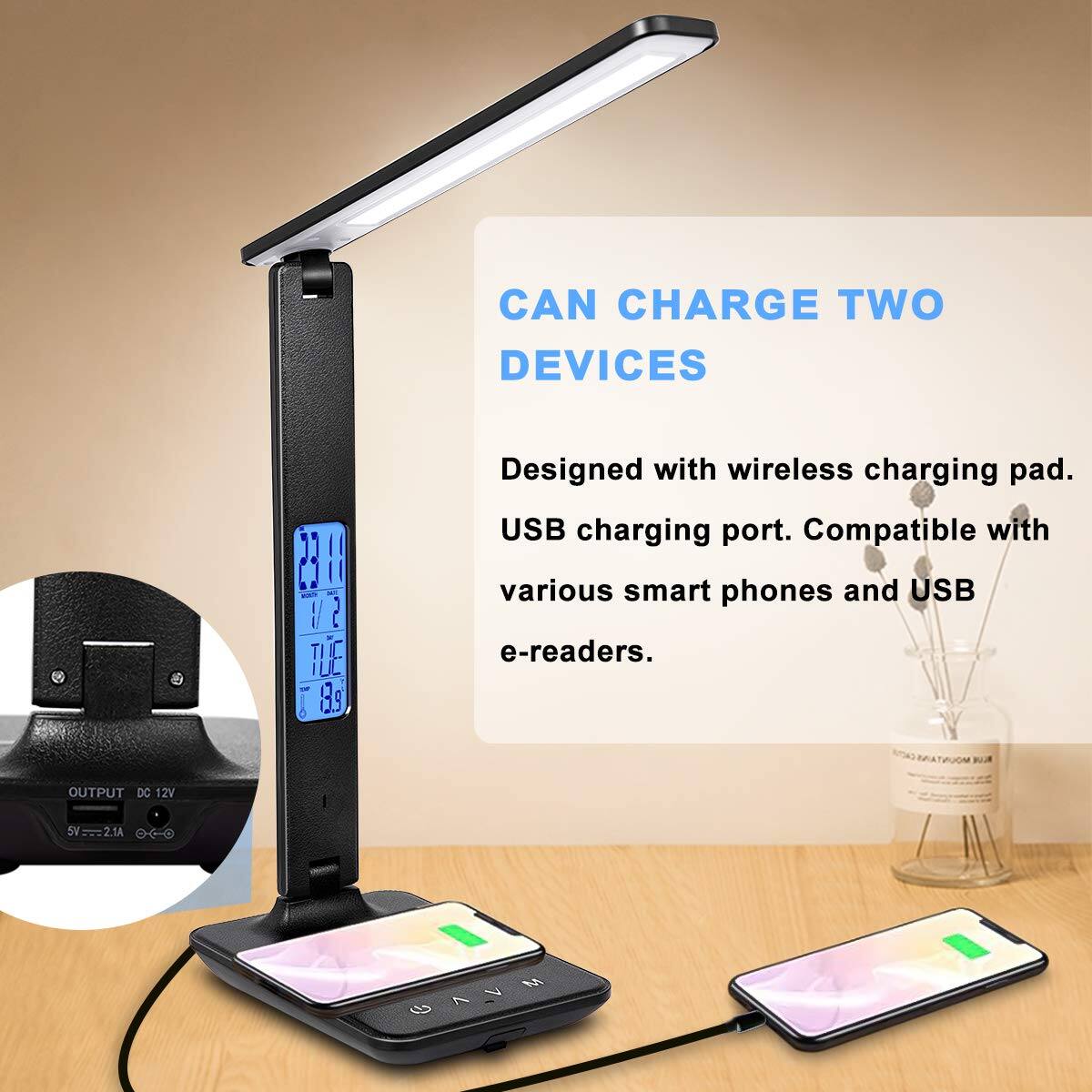 CAN CHARGE TWO DEVICES  
Designed with wireless charging pad. USB charging port. Compatible with various smart phones and USB e-readers.  

OUTPUT DC 12V  
5V=2.1A