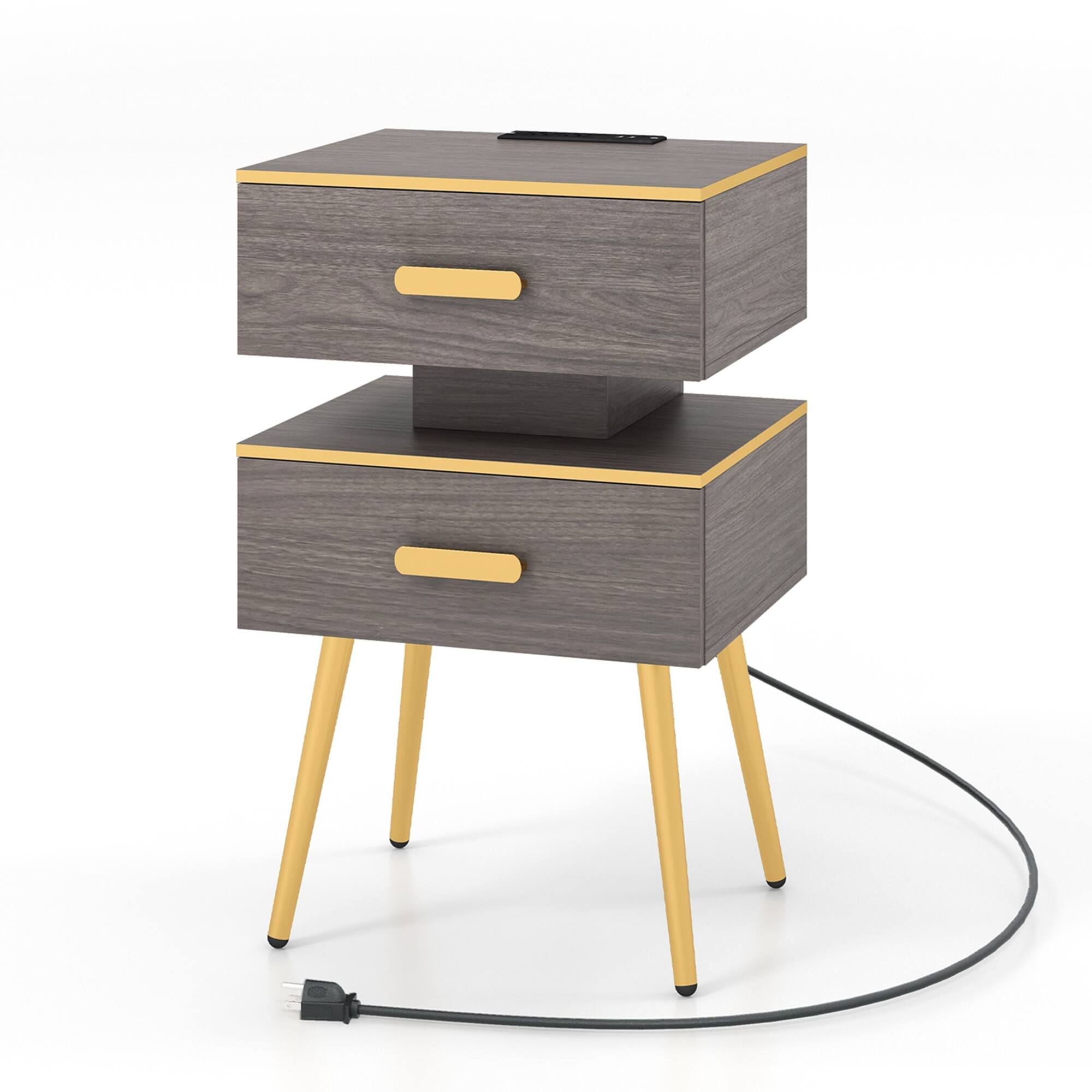 Alt View 6. Costway - 1 PCS Nightstand with Charging Station Bedside Sofa Side Tables with 2 Drawers - Grey + Gold.