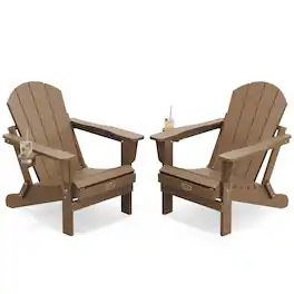 SERWALL - Folding Adirondack Chair Set of 2 with Cup Holder Weather Resistant for Garden, Backyard Deck, Fire Pit - Brown