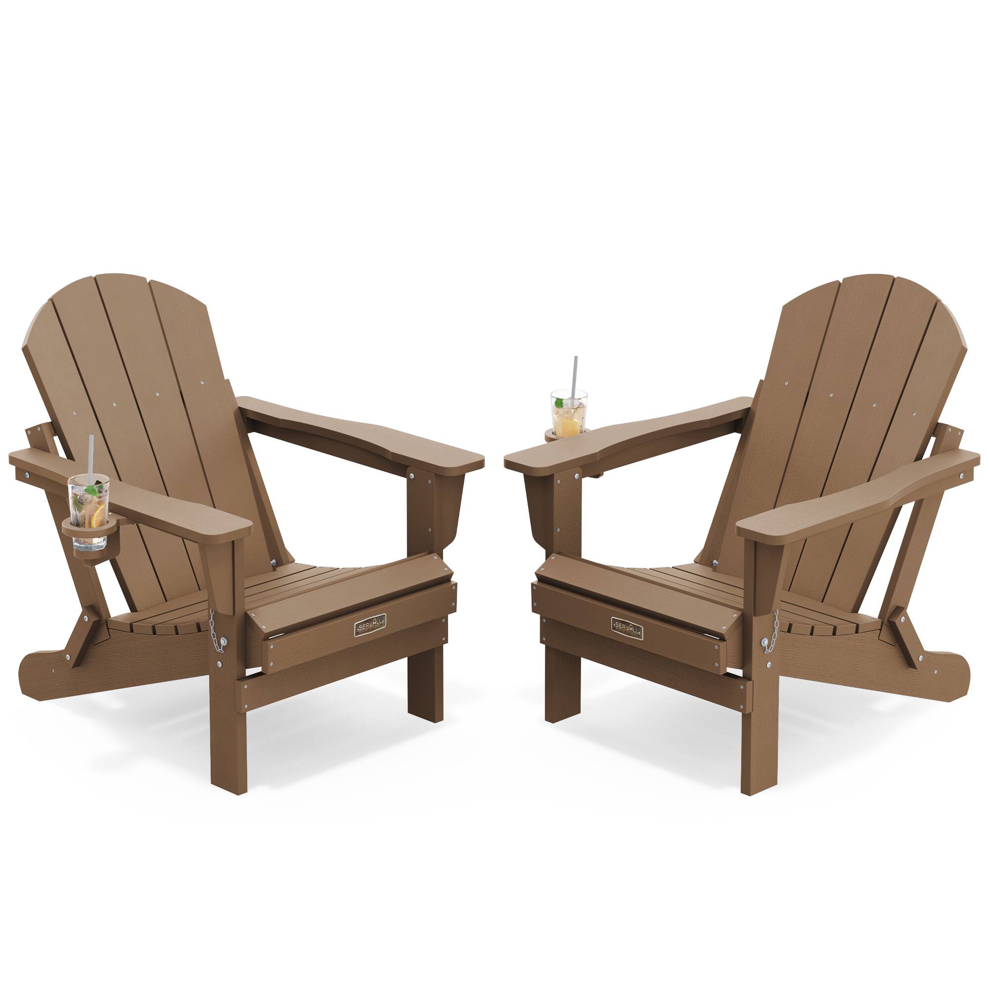 Front. SERWALL - SERWALL Folding Adirondack Chair Set of 2 with Cup Holder Weather Resistant for Garden, Backyard Deck, Fire Pit, Brown - Brown.