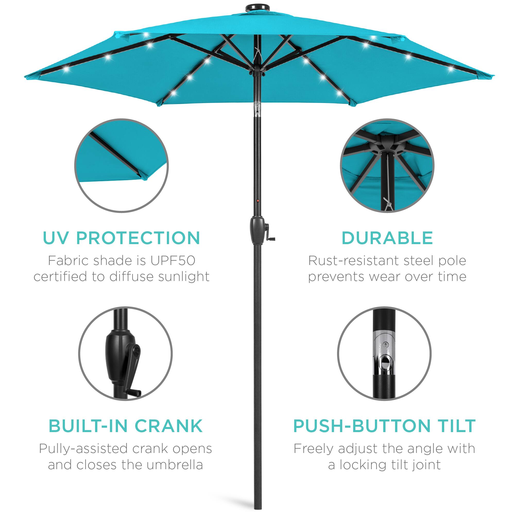 UV PROTECTION  
Fabric shade is UPF50 certified to diffuse sunlight  

DURABLE  
Rust-resistant steel pole prevents wear over time  

BUILT-IN CRANK  
Pully-assisted crank opens and closes the umbrella  

PUSH-BUTTON TILT  
Freely adjust the angle with a locking tilt joint