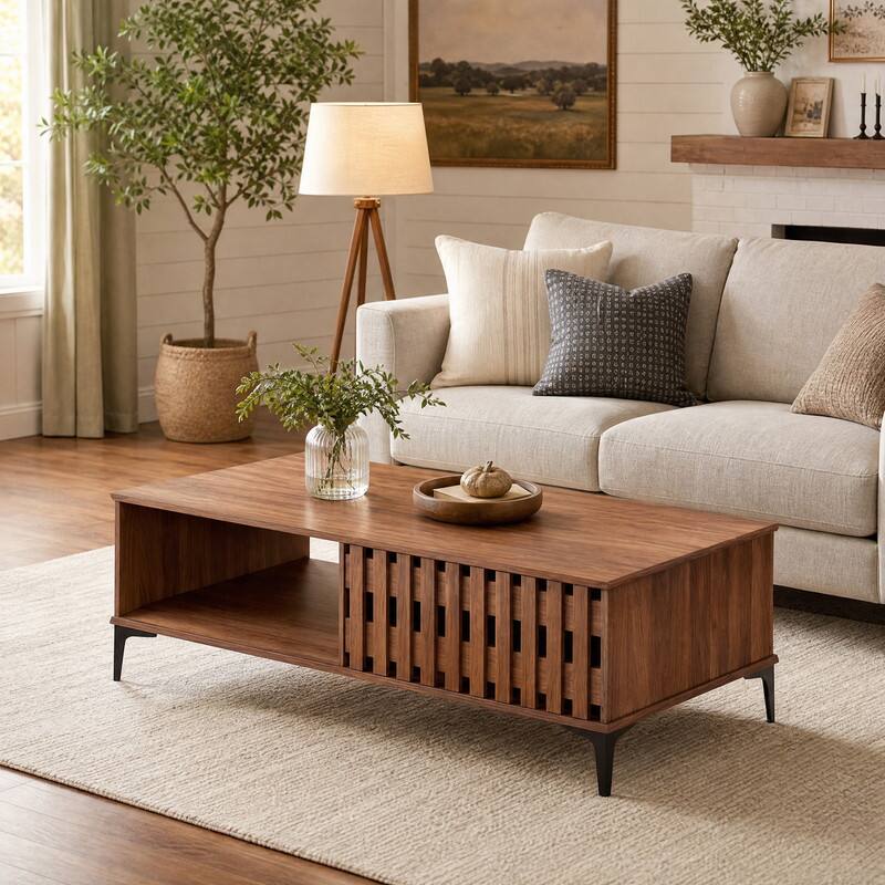 Angle. WELLFOR - 47" Mid Century Coffee Table with Storage Shelf, Wooden Center Table Accent Table for Living Rooms, Apartments - Walnut.