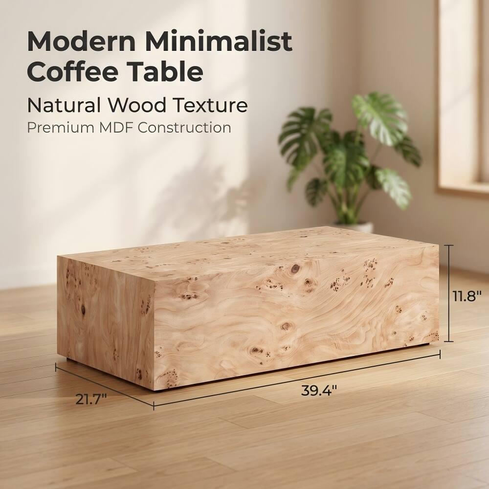 Modern Minimalist Coffee Table  
Natural Wood Texture  
Premium MDF Construction  

11.8"  
21.7"  
39.4"