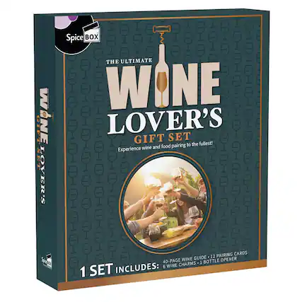 The Ultimate Wine Lover's Gift Set includes a Spice Box, pairing guide, 12 wine bottle opener charms, and 6 wine glass charms. It is designed to enhance the wine and food experience by providing a comprehensive guide to wine pairing and a stylish wine bottle opener. The gift set is perfect for wine enthusiasts who want to take their wine tasting to the next level.