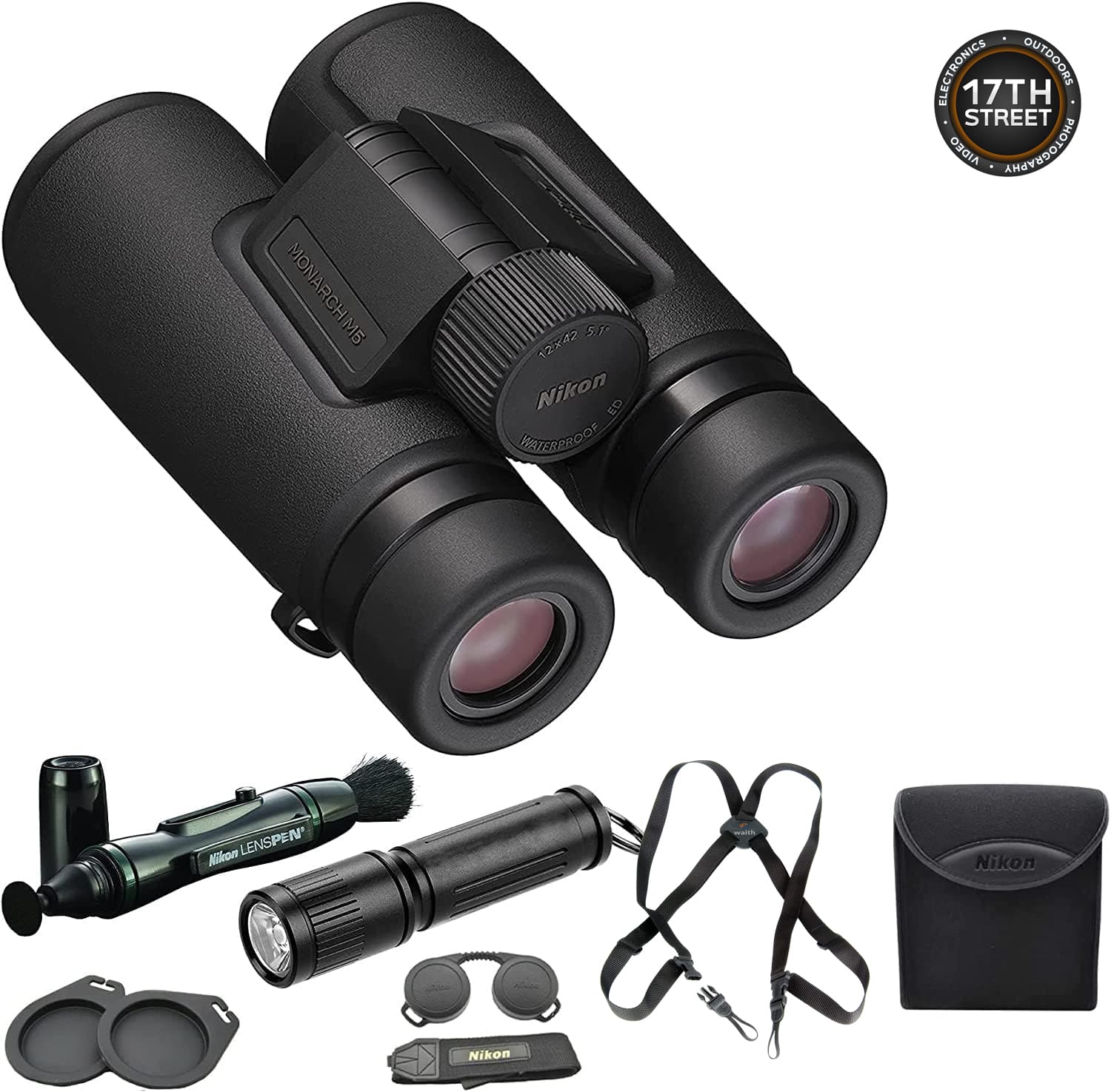 Nikon - 12x42 Monarch M5 Binoculars With Lens Pen, Waith Harness, &Flashlight Kit