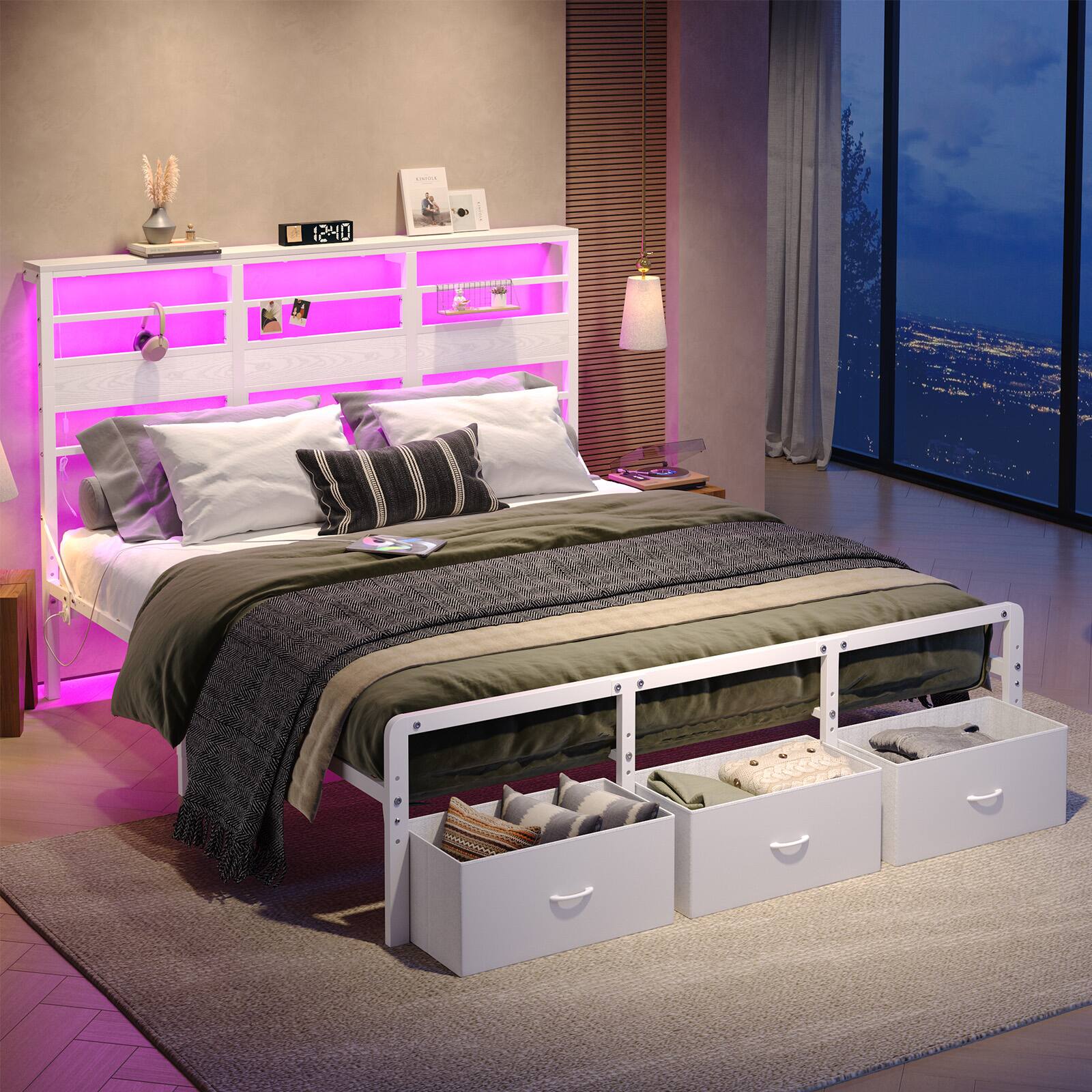 Left. Pinmoco - Pinmoco - LED Storage Bed Platform Bed Frame with 2/3 Drawers Charging Station and Adjustable Height - White.