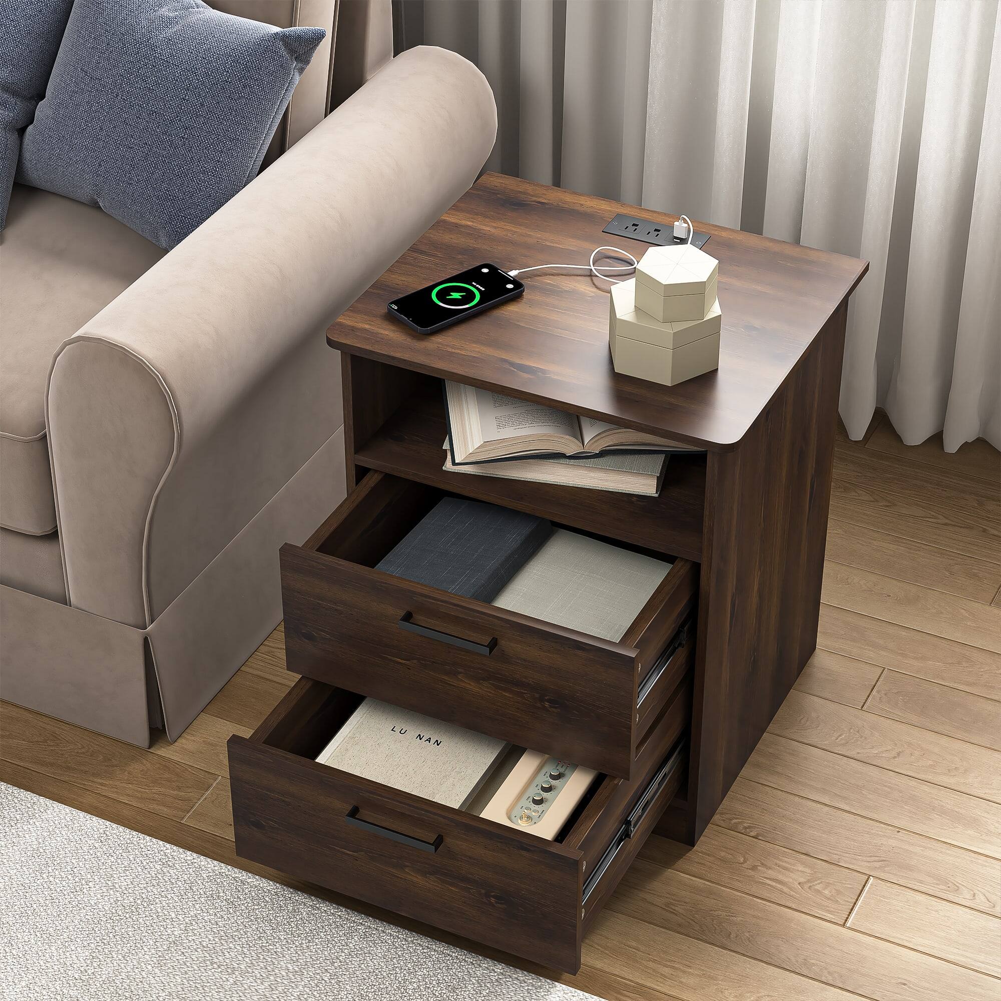 Angle. Kadyn - Wood Nightstand With Charging Station, Bedside Table With 2 Drawers, Bedroom Nightstand - Brown.