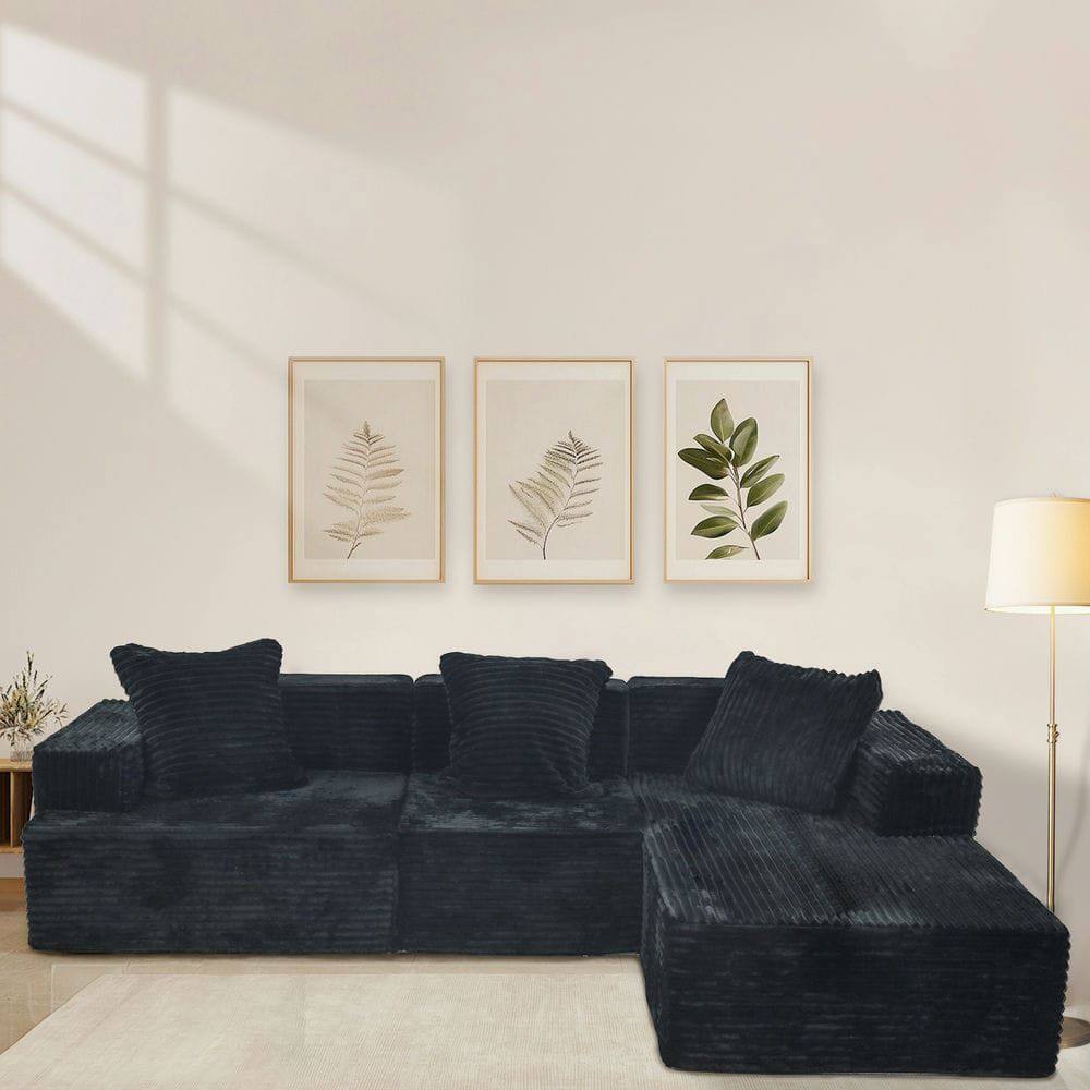 Alt View 10. Kadyn - L-Shaped Sectional Sofa, Boneless Compression Design with Comfortable Chaise and Corduroy Fabric, Black - Black.