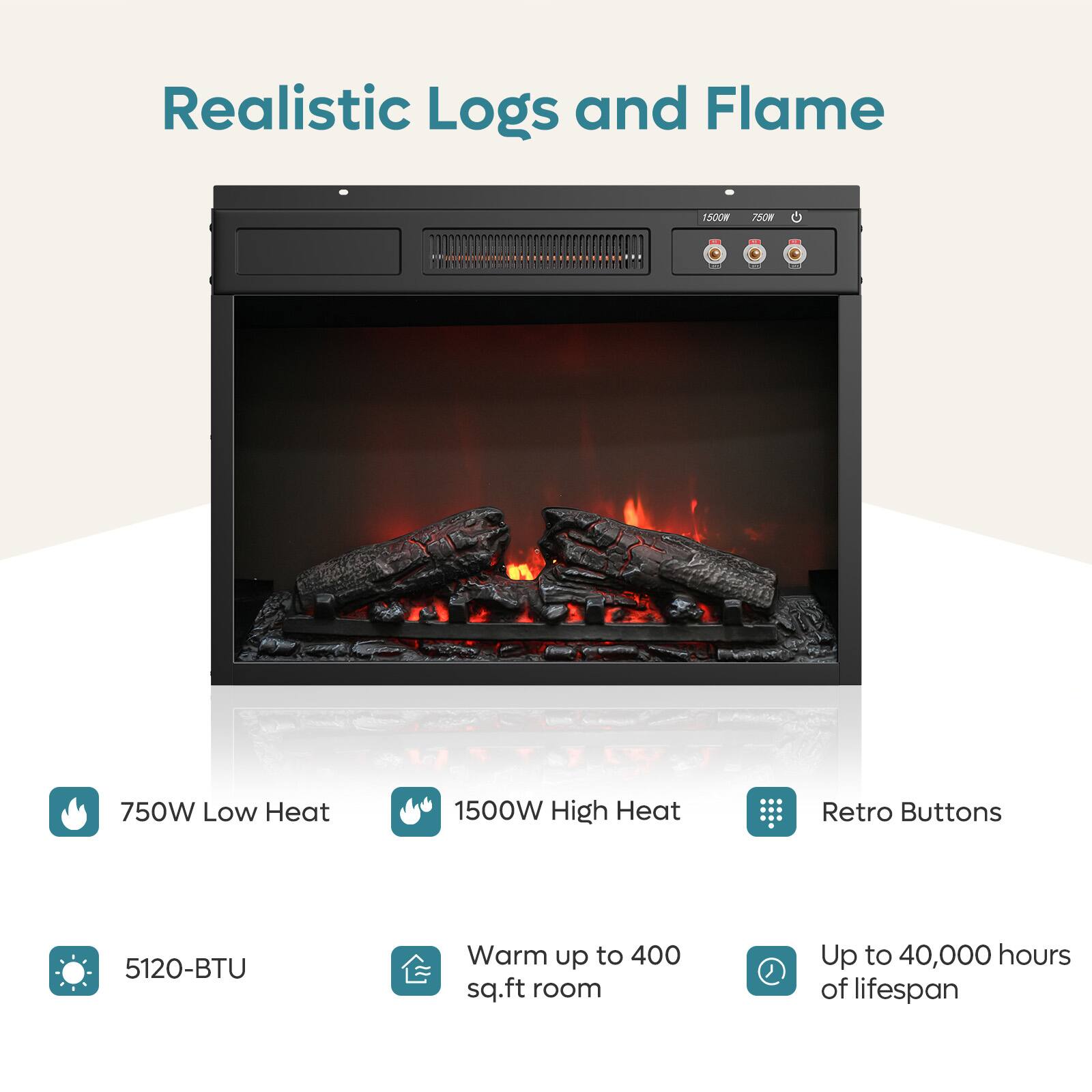 Realistic Logs and Flame

- 750W Low Heat
- 1500W High Heat
- Retro Buttons
- 5120-BTU
- Warm up to 400 sq.ft room
- Up to 40,000 hours of lifespan