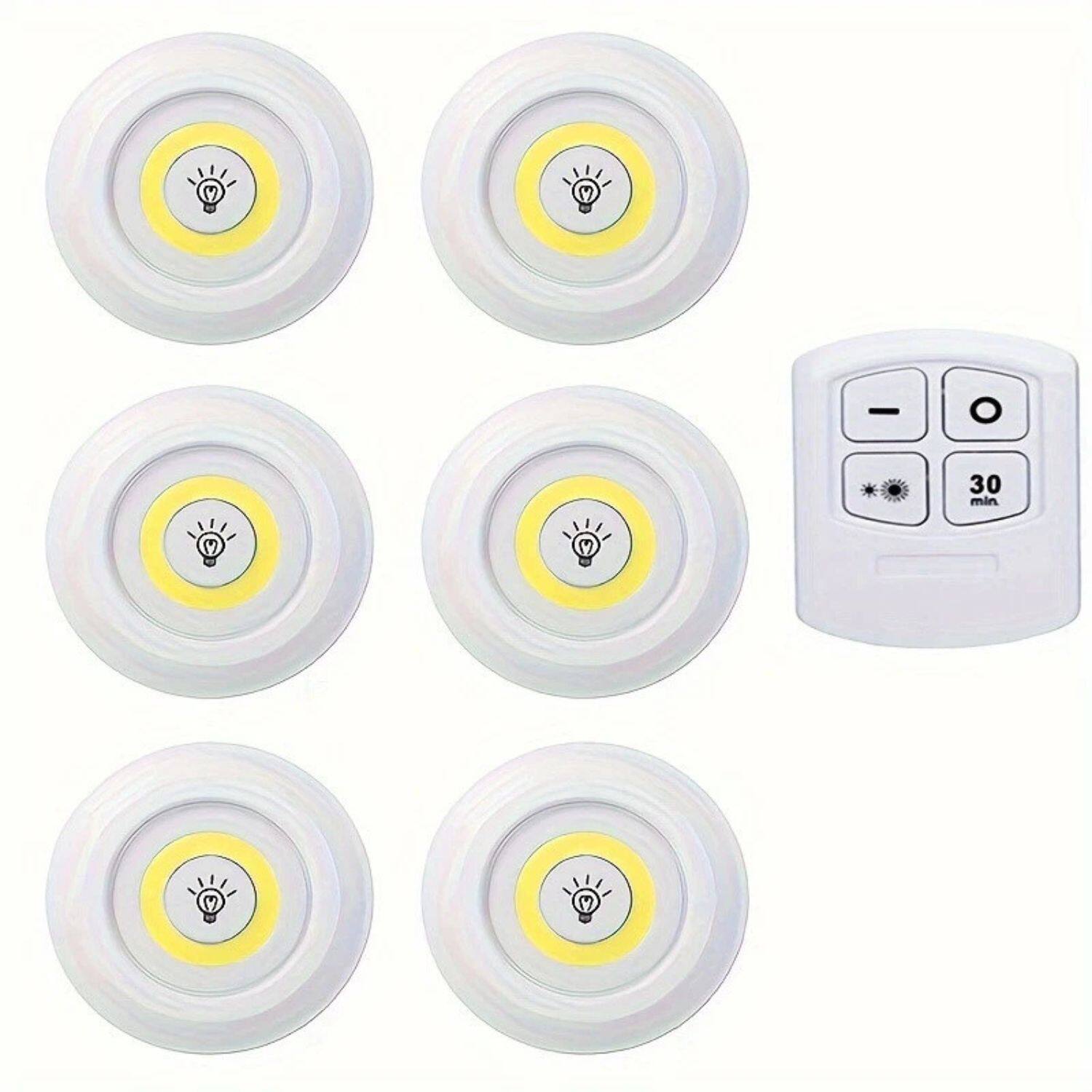 Front. Stock Preferred - 6-Pack Wireless LED Puck Lights with Remote – Battery Powered Touch Lights for Kitchen, Closet & Indoor Use.