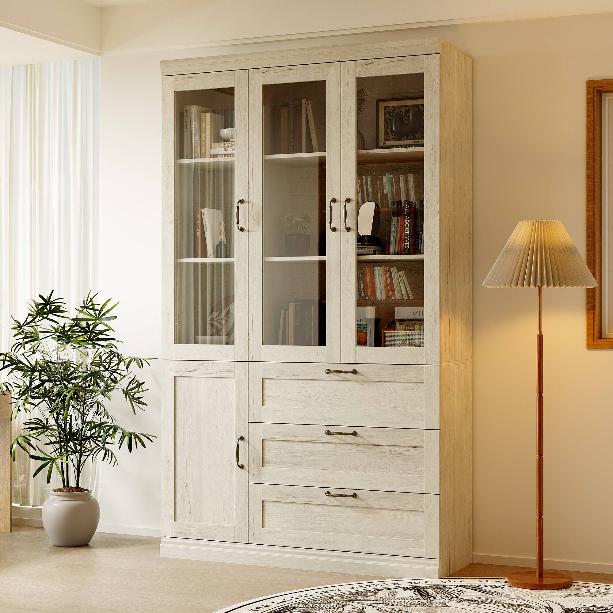 Alt View 1. Famapy - Multi-Functional Storage Cabinet with Glass Doors – Bookshelf, Kitchen Cabinet & Display Cabinet for Home Organization - Off-White.