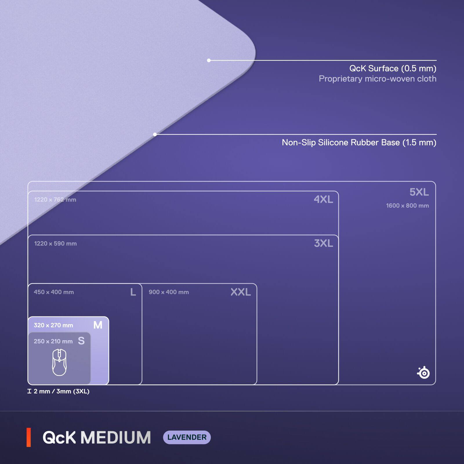 QcK Surface (0.5 mm) Proprietary micro-woven cloth
Non-Slip Silicone Rubber Base (1.5 mm)
1220 x 767 mm
4XL 5XL 1600 x 800 mm
1220 x 590 mm
3XL
450 x 400 mm
900 x 400 mm XXL
320 x 270 mm
250 x 210 mm S M
I 2 mm / 3mm (3XL)
QcK MEDIUM LAVENDER