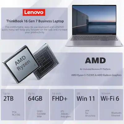 Lenovo ThinkBook 16 16” FHD+ Laptop AMD Ryzen 5 7533HS with 32GB Lenovo ThinkBook 16 16” FHD+ Laptop AMD Ryzen 5 7533HS with 32GB