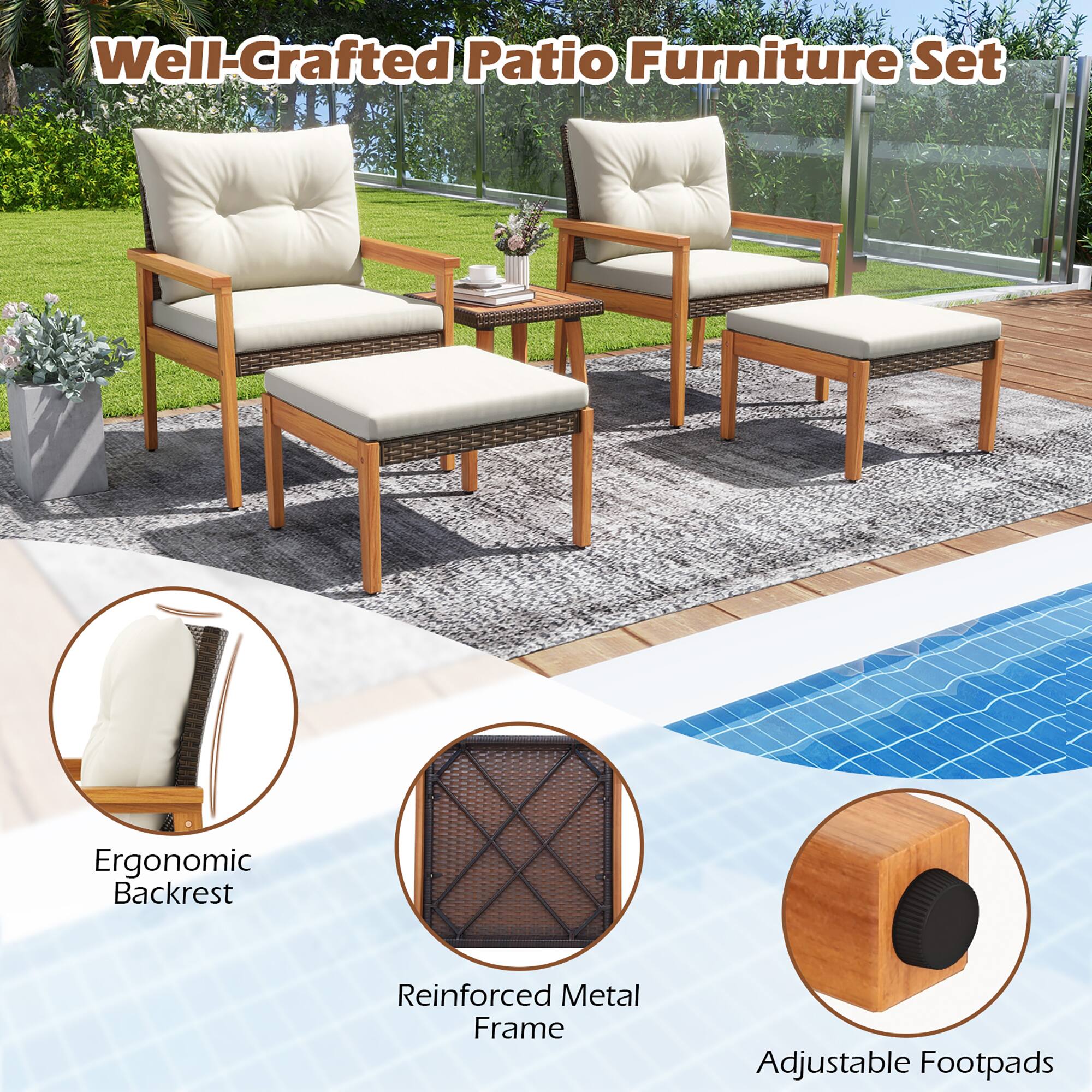 Well-Crafted Patio Furniture Set: Ergonomic Backrest, Reinforced Metal Frame, Adjustable Footpads