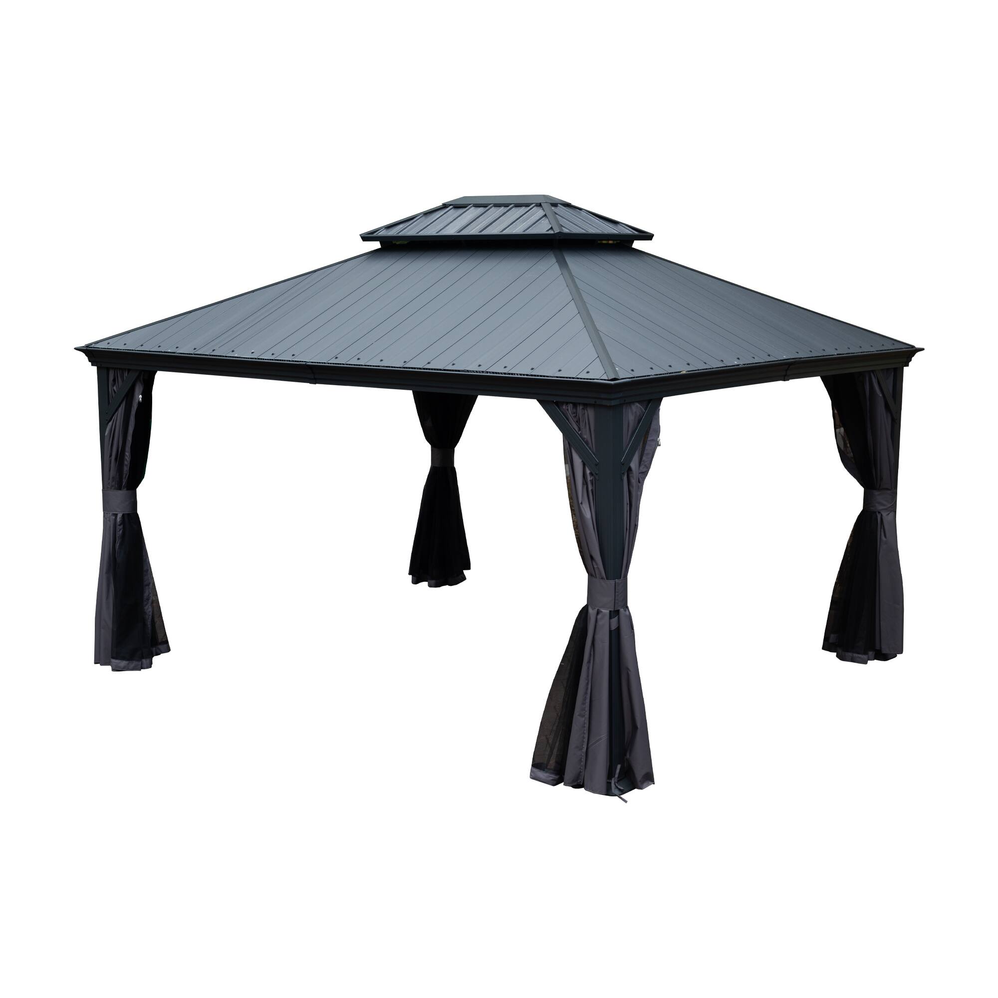 Left. Mondawe - 10x12 Metal Gazebo With Resin Roof ,Curtains and Mosquito Netting Included - Dark Gray.
