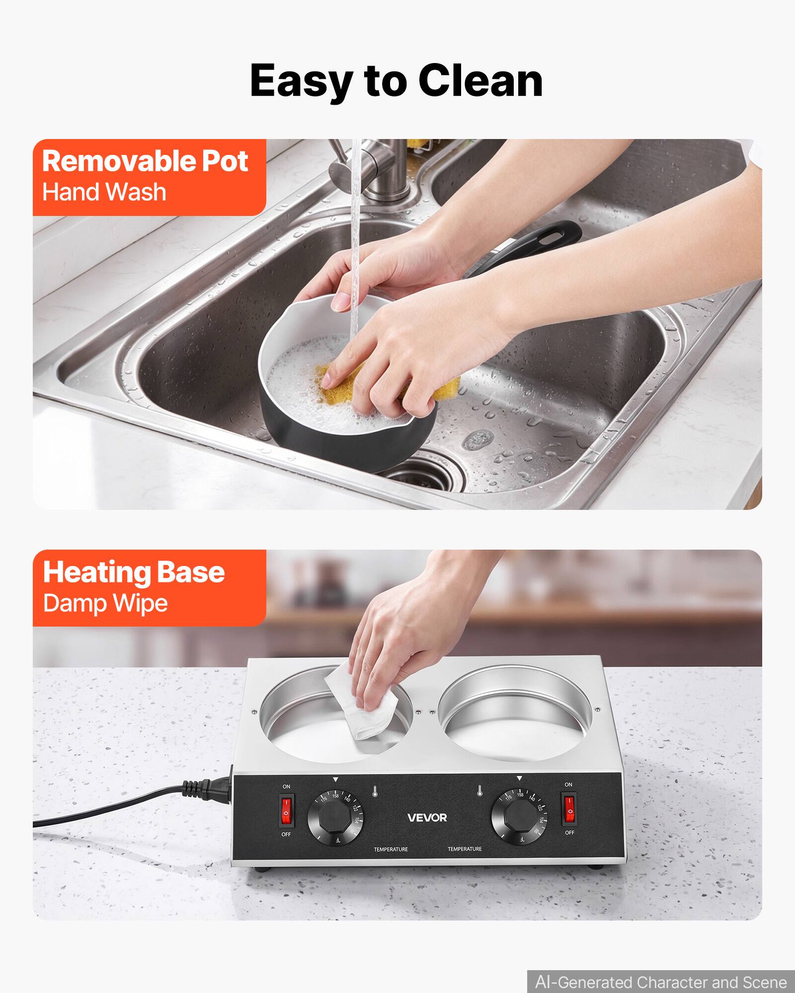 Easy to Clean

- Removable Pot Hand Wash
- Heating Base Damp Wipe

OIL F C OFF

e TV 4 1

VEVOR TEMPERATURE

AI-Generated Character and Scene