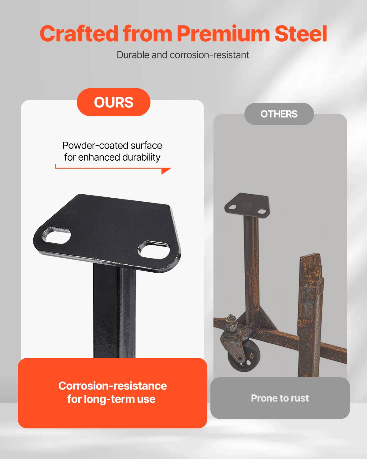 Crafted from Premium Steel  
Durable and corrosion-resistant  

OURS  
Powder-coated surface for enhanced durability  

Corrosion-resistance for long-term use  

OTHERS  
Prone to rust