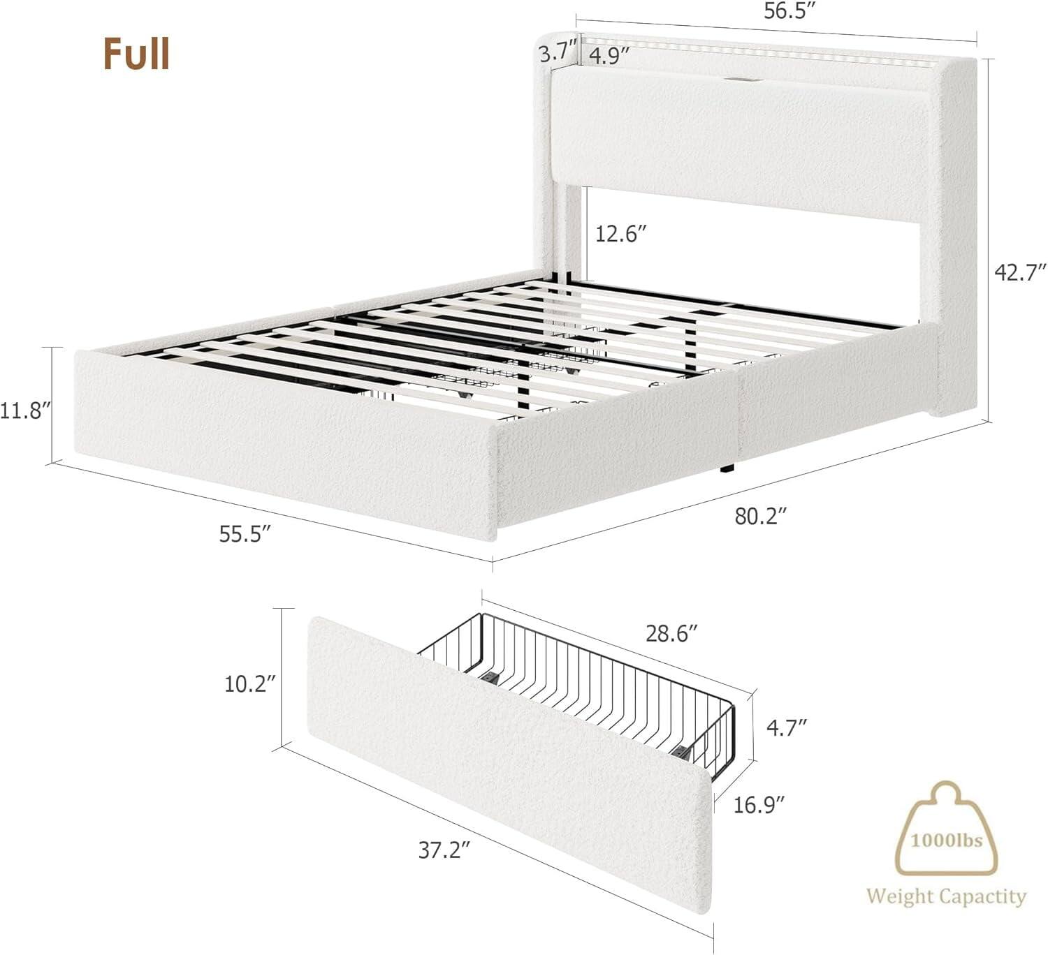 Full  
3.7" 4.9" 56.5" 12.6" 42.7" 11.8" 55.5" 80.2" 28.6" 10.2" 4.7" 16.9" 37.2"  
1000lbs Weight Capacity