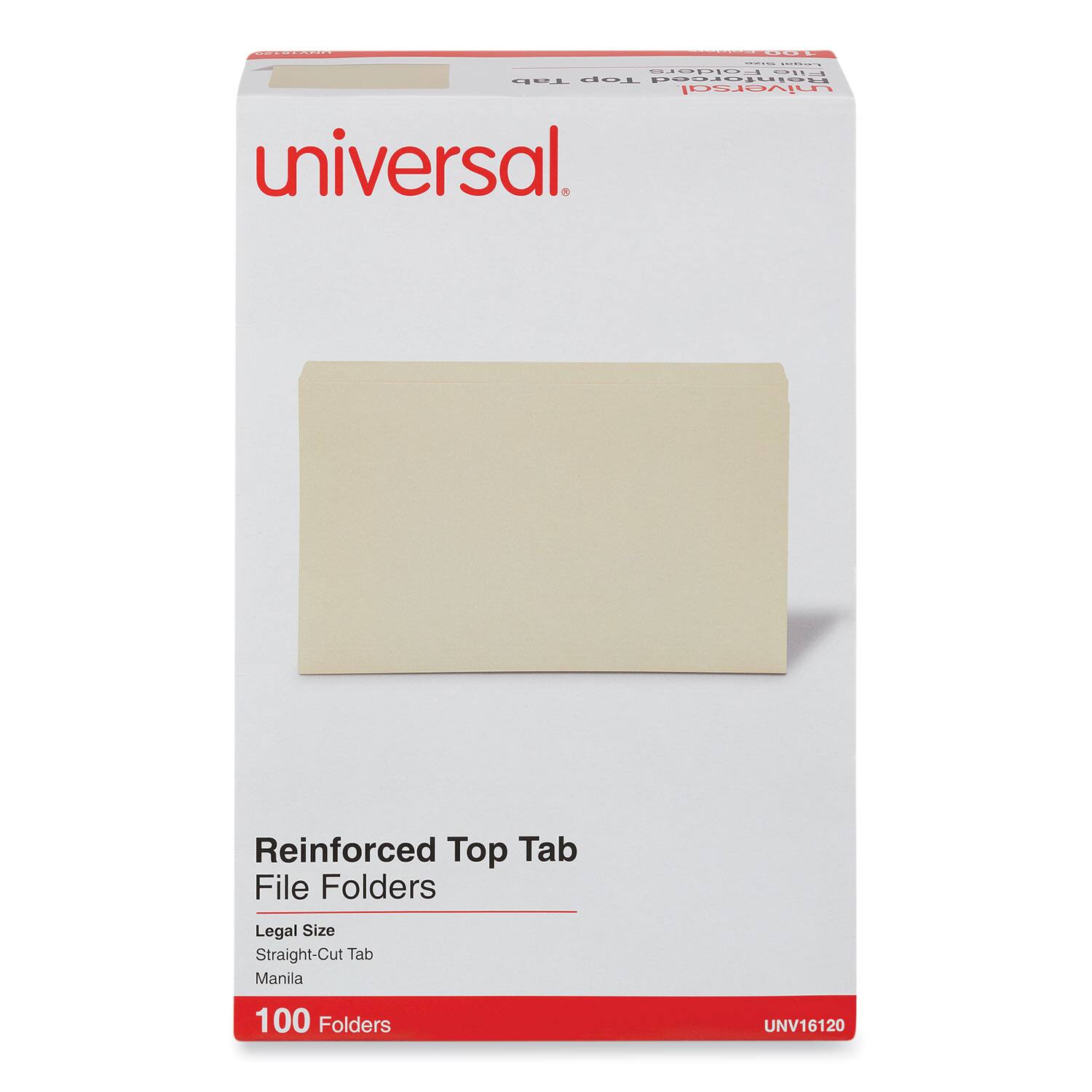 - Universal Reinforced Top Tab File Folders
- Legal Size
- Straight-Cut Tab
- Manila
- 100 Folders
- UNV16120
