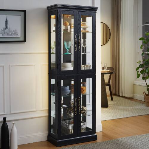 Angle. LUCKY ONE - Freestanding Lighted Glass Curio Display Cabinet with Adjustable Shelves for Wine Toys Collectibles - Black.
